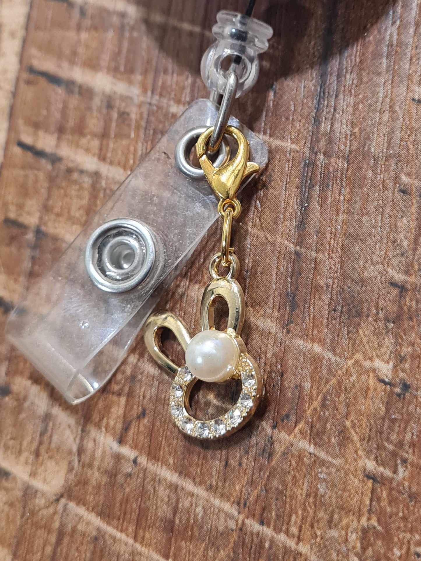 Sparkling Bunny with Pearl~ ID Badge Reel Charm ~ Custom Made Charms ~ Badge Buddy ~ Badge Accessories ~ Easter Bunny ~ Easter