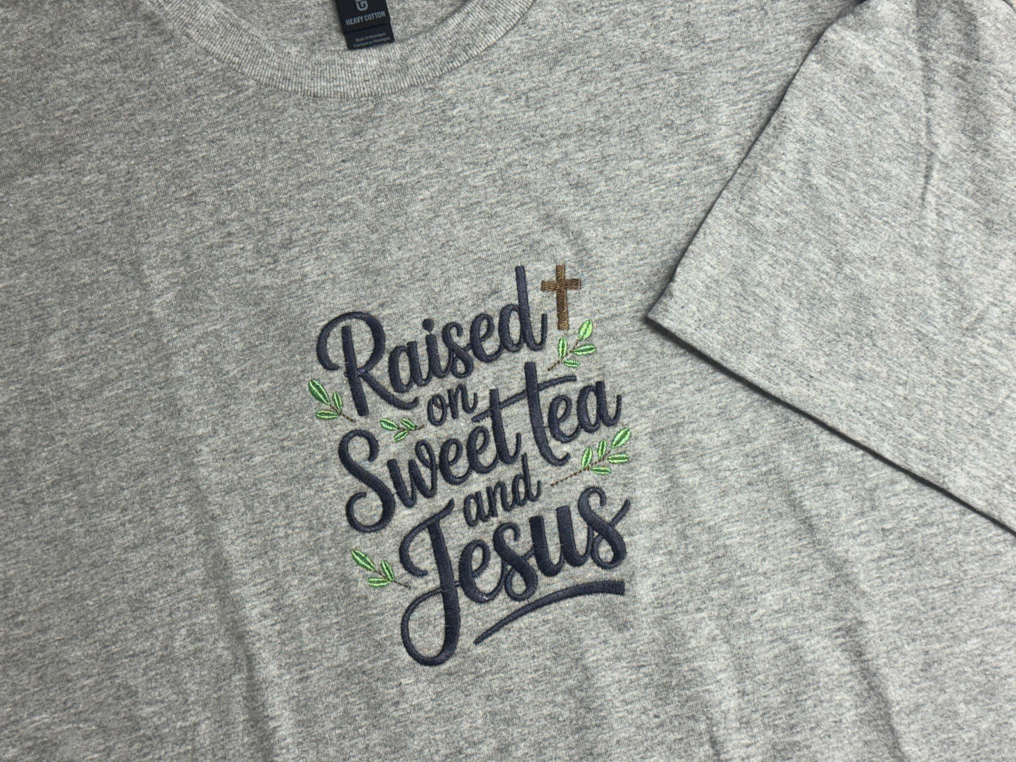 Raised on Sweet Tea and Jesus Embroidered Shirt | Southern Christian Aesthetic Tee | Grey 100% Cotton T-Shirt | Faith Country Shirt | S–2XL