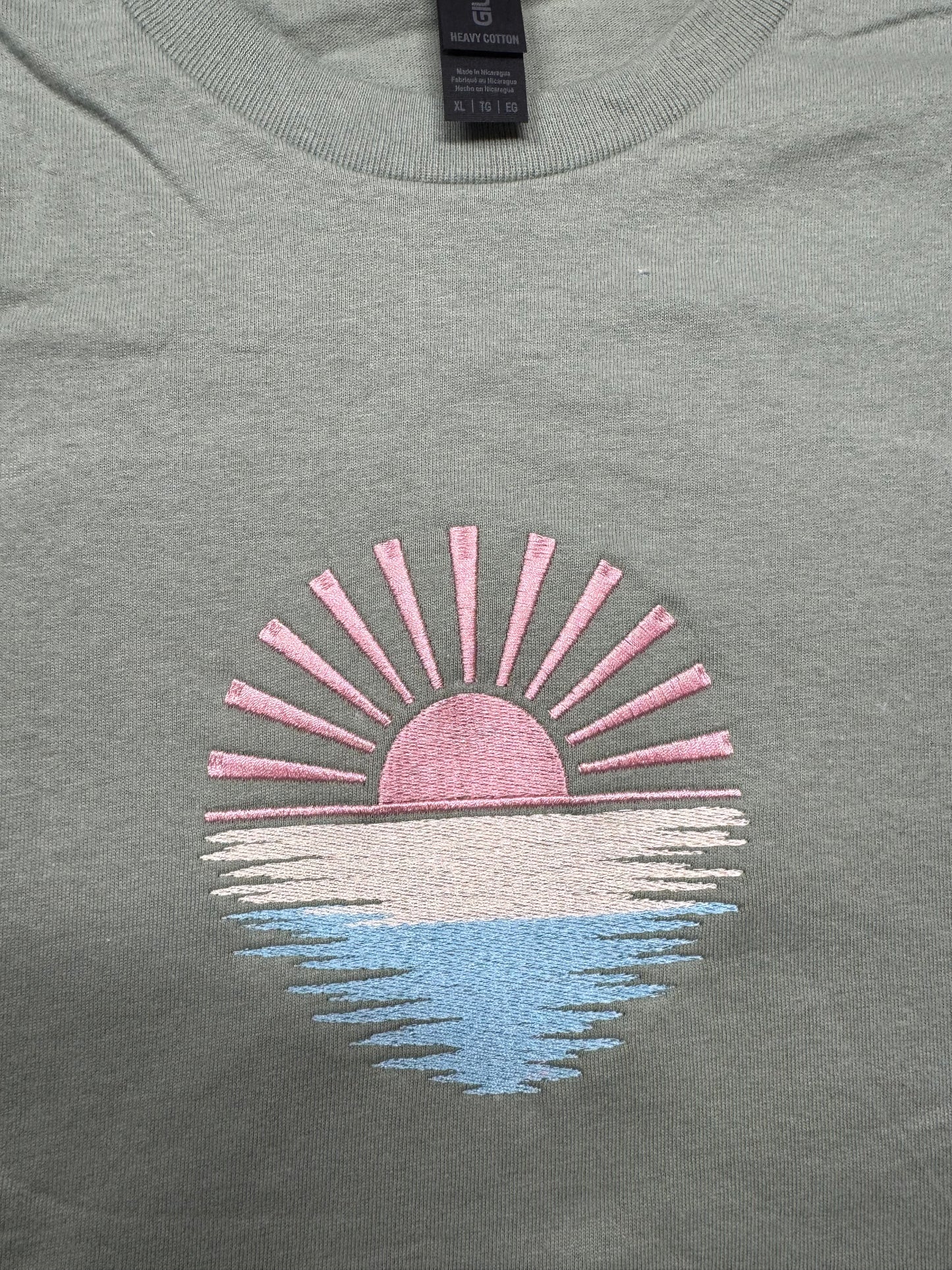 Embroidered Pastel Sunrise Shirt | Soft Green 100% Cotton Tee | Aesthetic Sunset Embroidery Top | Minimal Nature Shirt | Sizes S–2XL