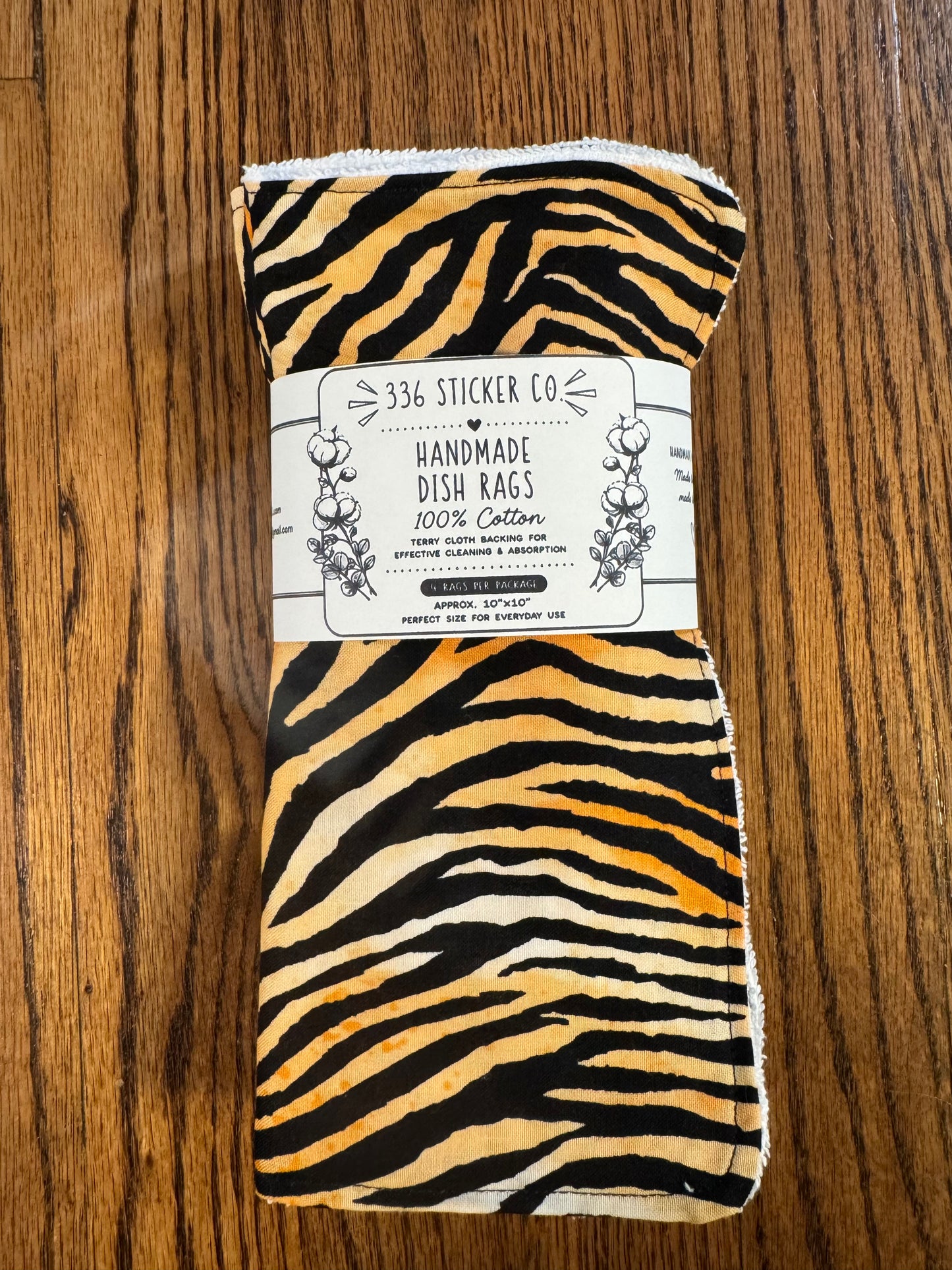 Tiger Print ~ Decorative Dishrags | 100% Cotton & Terry Cloth | Reusable Kitchen Cleaning Cloths | Set of 4 | 10" x 10"