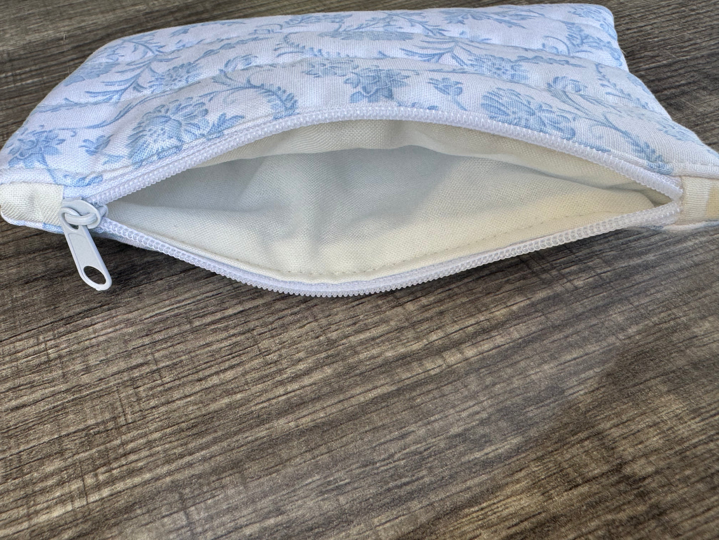 Soft Blue Floral Vine ~ Quilted Zipper Wallet | Padded 100% Cotton Coin Purse | 6.5" x 4" Handmade Zipper Pouch