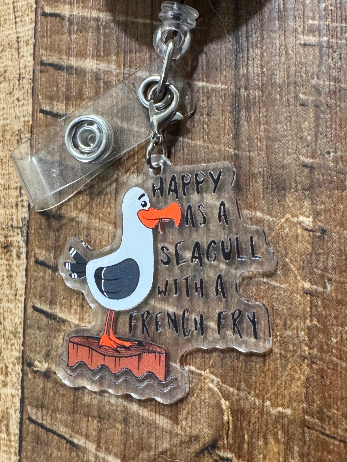 "Current Mood" Seagull with French Fry Badge Charm - Funny Beach Bird ID Flair - Relatable Office Humor Accessory - Happy Seagull Lanyard Decor