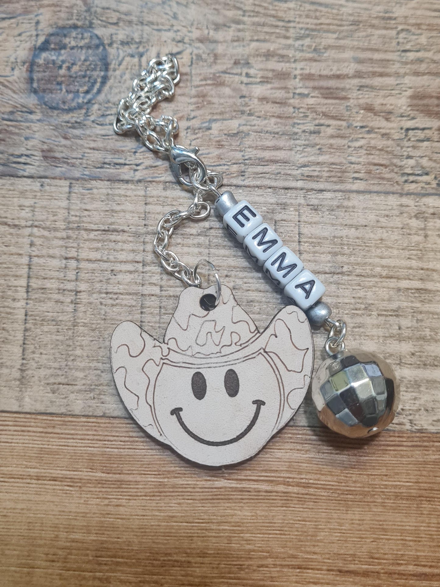 Personalized Leather Smiley Face Charm ~ Stanley Cup Charm ~ Custom Made Charms ~ Cup Handle Charm ~ Cup Accessory ~ Disco Ball Cup Charm