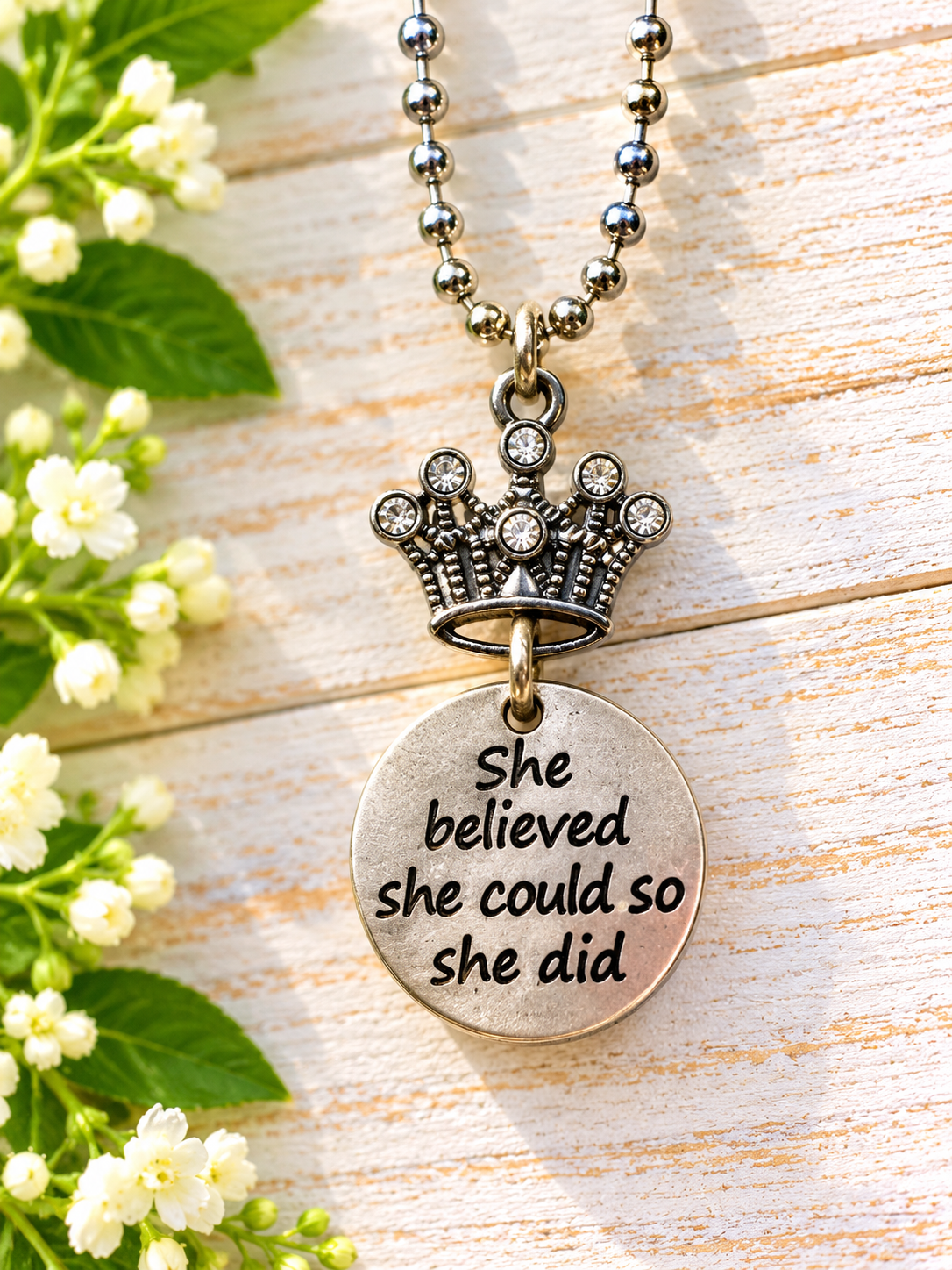 “She Believed She Could So She Did” Rearview Mirror Charm – Inspirational Crown Car Accessory