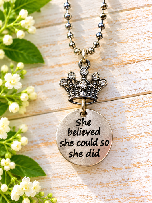 “She Believed She Could So She Did” Rearview Mirror Charm – Inspirational Crown Car Accessory