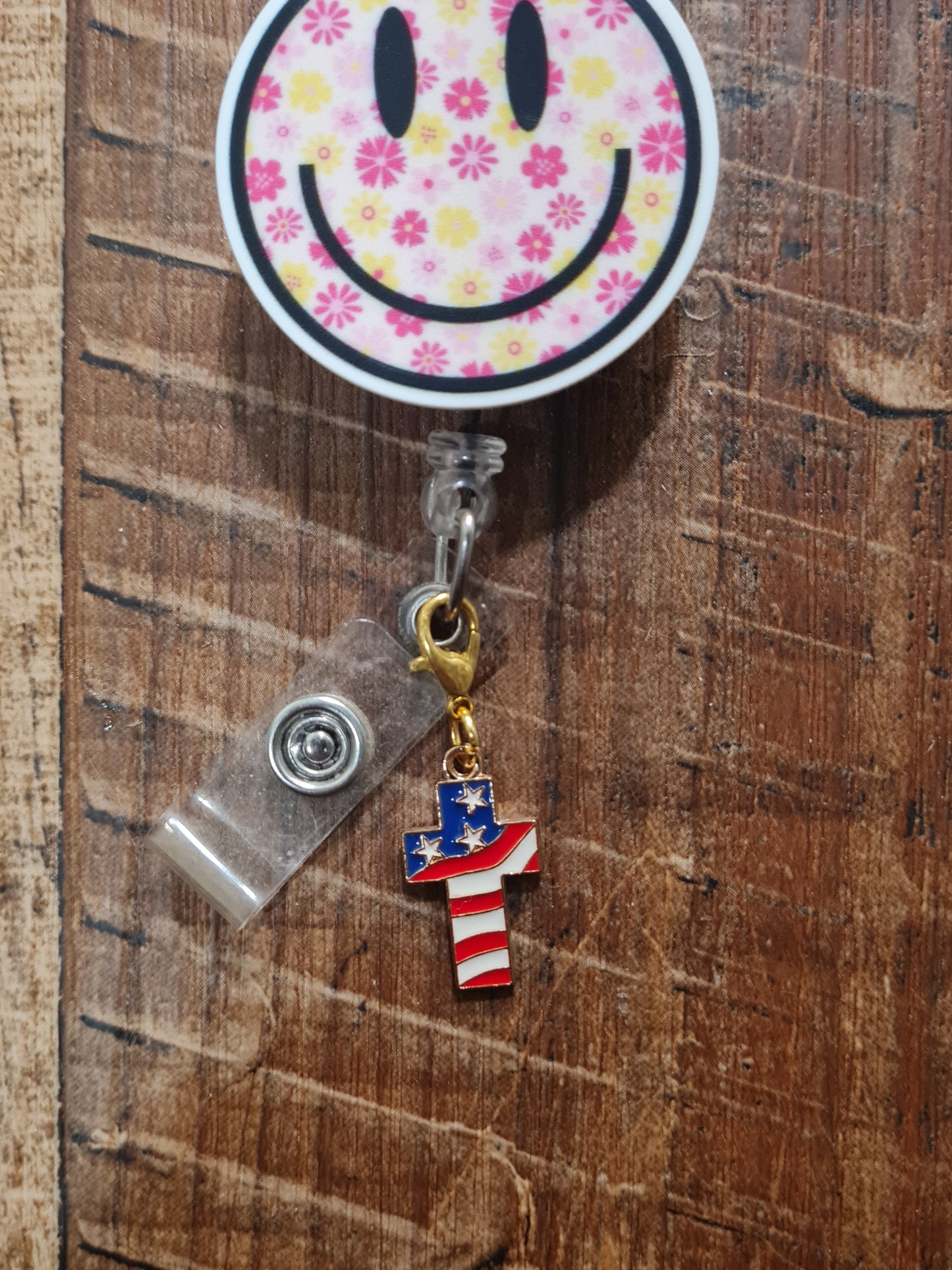 American Flag Cross ~ ID Badge Reel Charm ~ Custom Made Charms ~ Badge Buddy ~ Badge Accessories