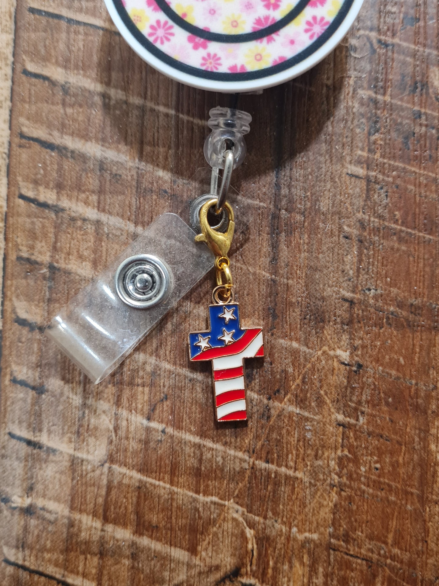 American Flag Cross ~ ID Badge Reel Charm ~ Custom Made Charms ~ Badge Buddy ~ Badge Accessories