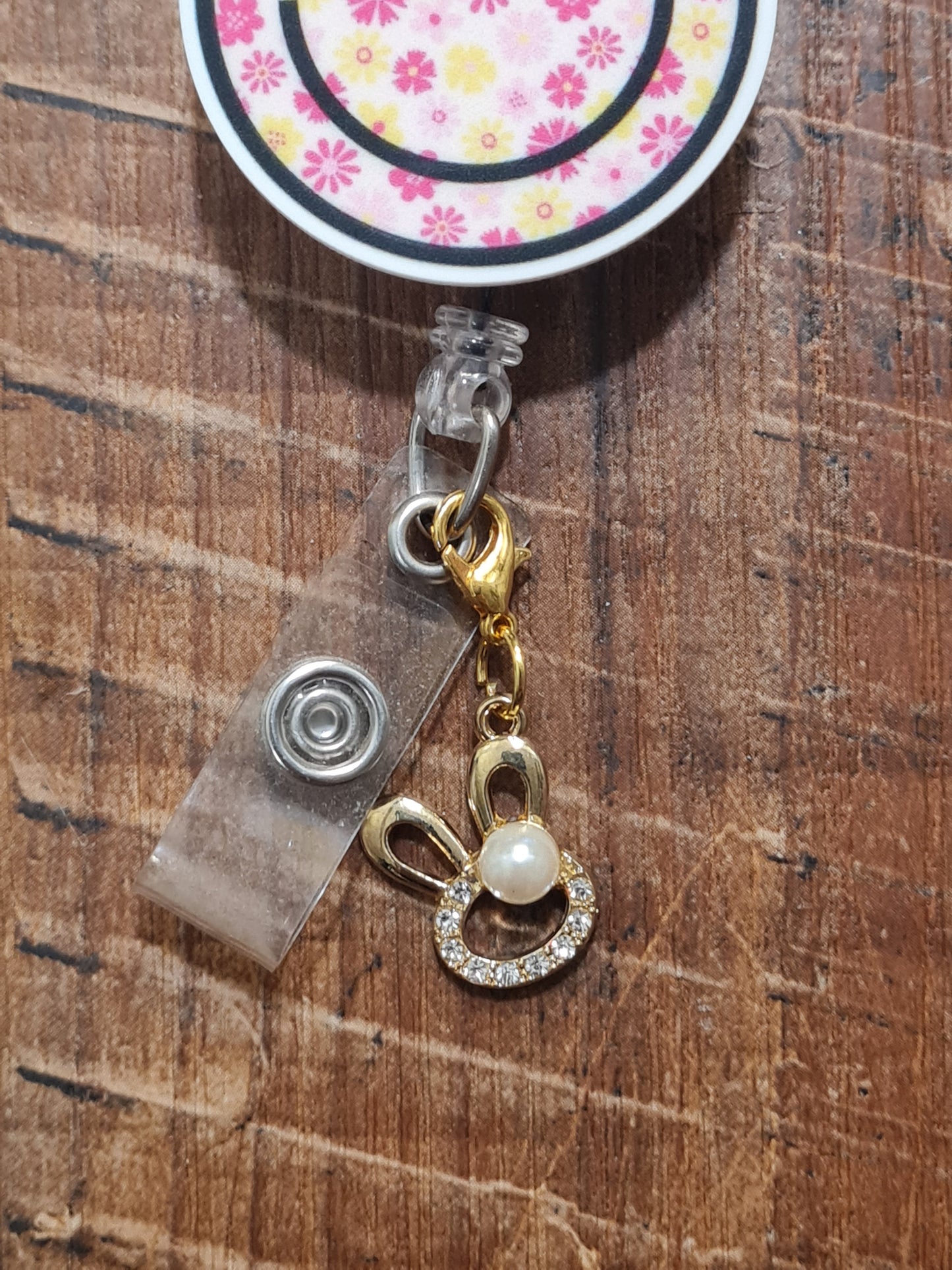 Sparkling Bunny with Pearl~ ID Badge Reel Charm ~ Custom Made Charms ~ Badge Buddy ~ Badge Accessories ~ Easter Bunny ~ Easter