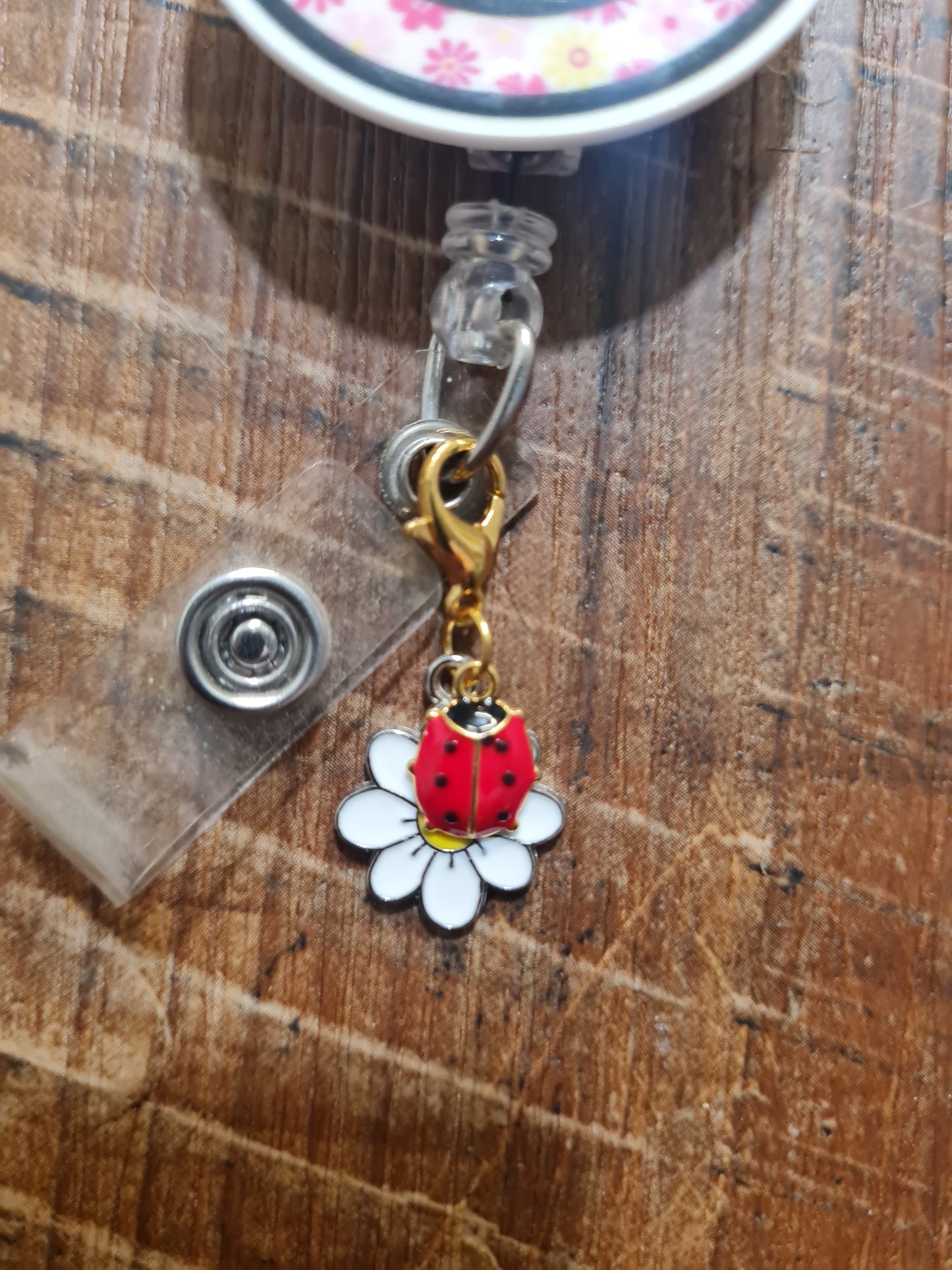 Lady Bug with Daisy ~ ID Badge Reel Charm ~ Custom Made Charms ~ Badge Buddy ~ Badge Accessories