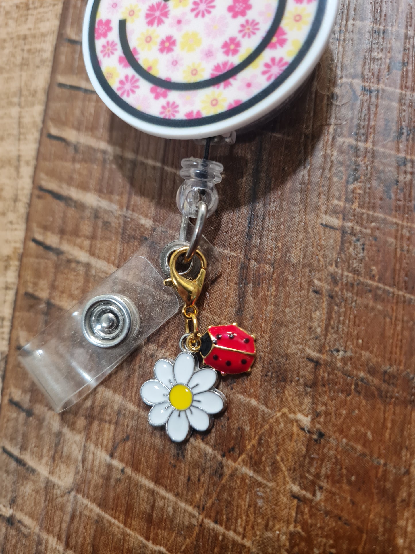 Lady Bug with Daisy ~ ID Badge Reel Charm ~ Custom Made Charms ~ Badge Buddy ~ Badge Accessories