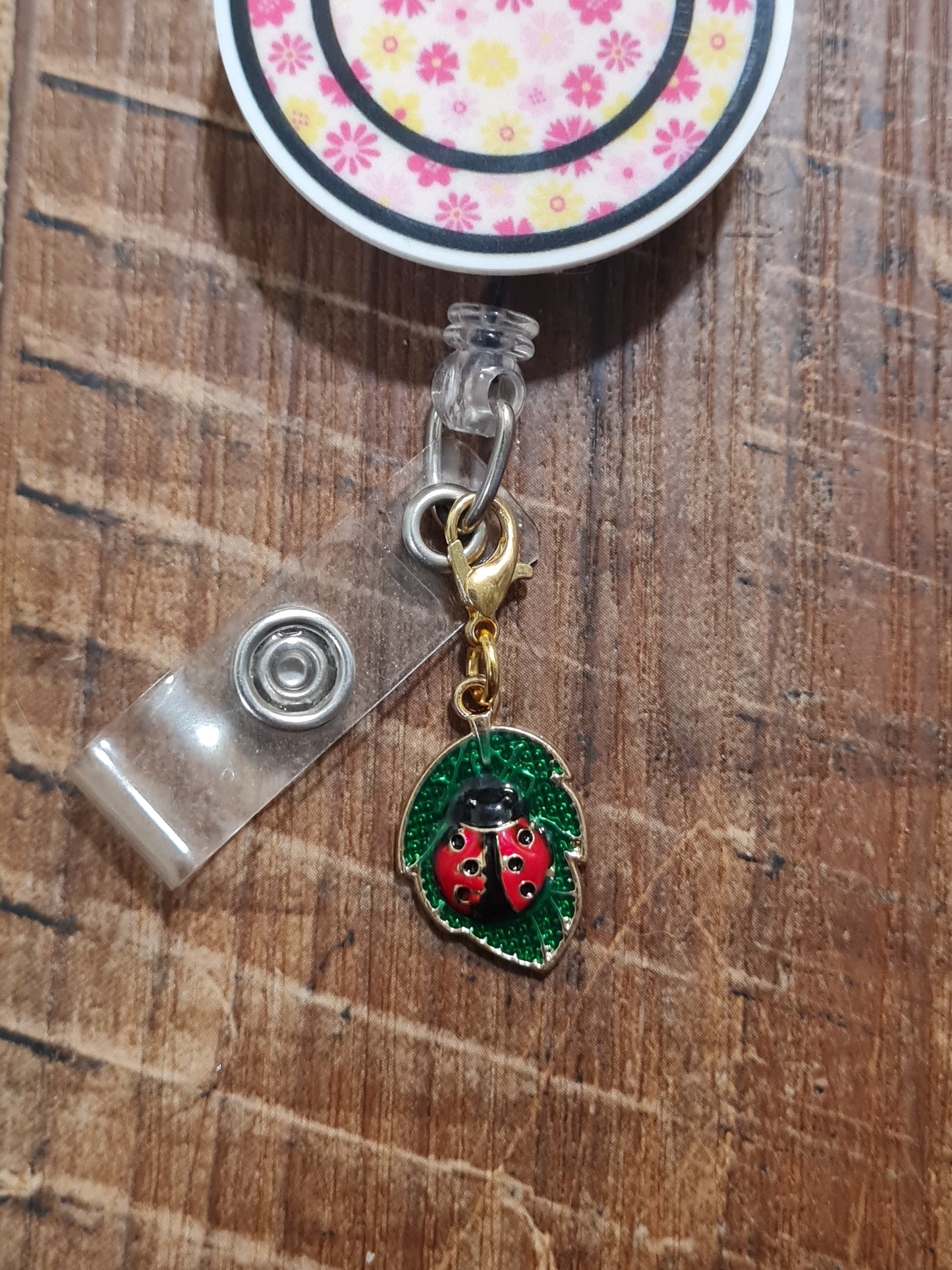 Lady Bug on Leaf ~ ID Badge Reel Charm ~ Custom Made Charms ~ Badge Buddy ~ Badge Accessories ~ Lady Bug Charm ~ Lady Bugs ~ Ladybug Charm