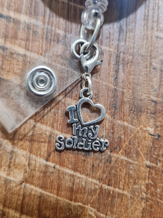 I Love My Soldier ID Badge Reel Charm - Military Pride Accessory for Army, Navy, Air Force, and Marines Spouses & Parents