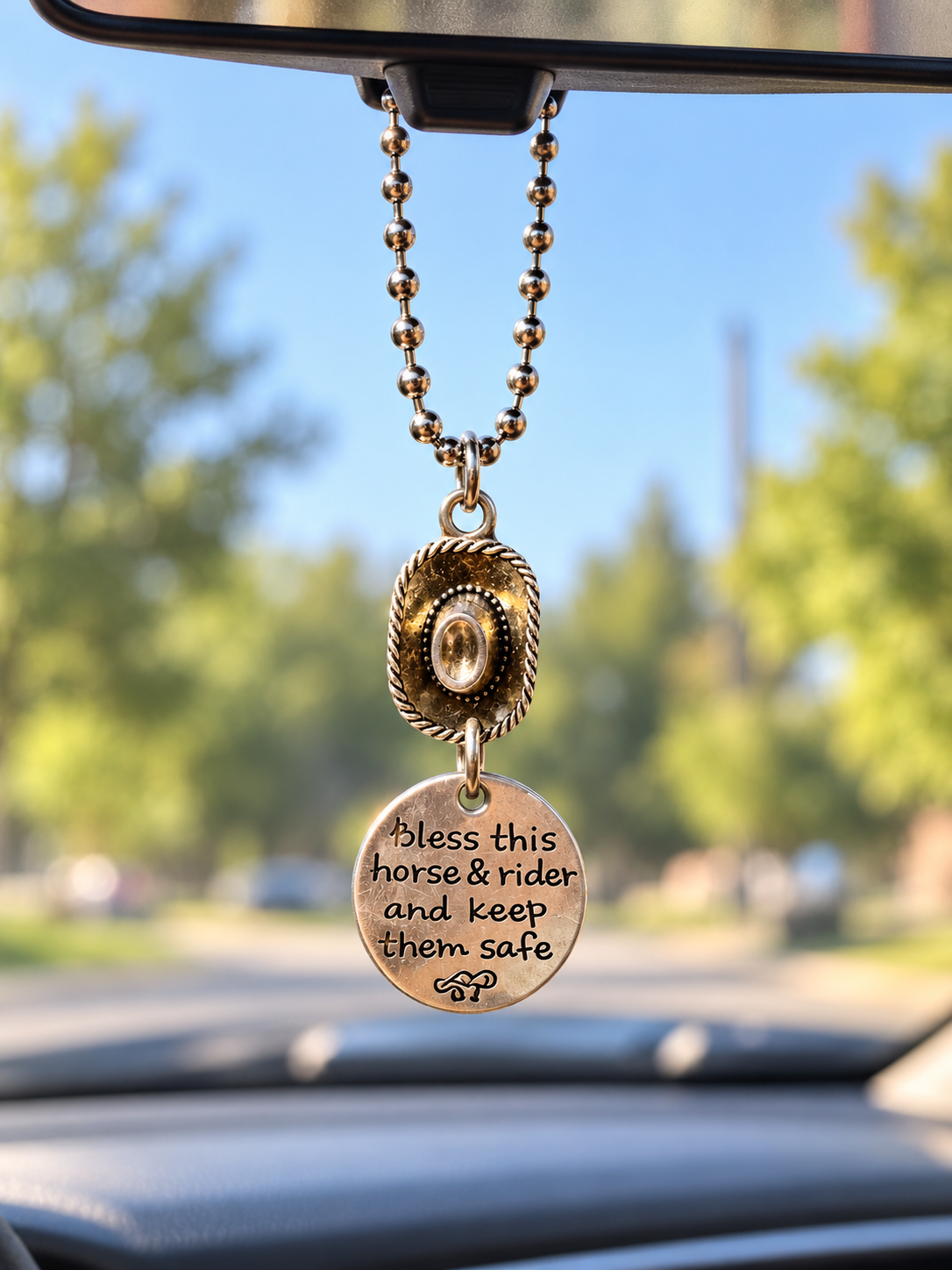 Horse & Rider Rearview Mirror Charm – “Bless This Horse & Rider” Equestrian Gift