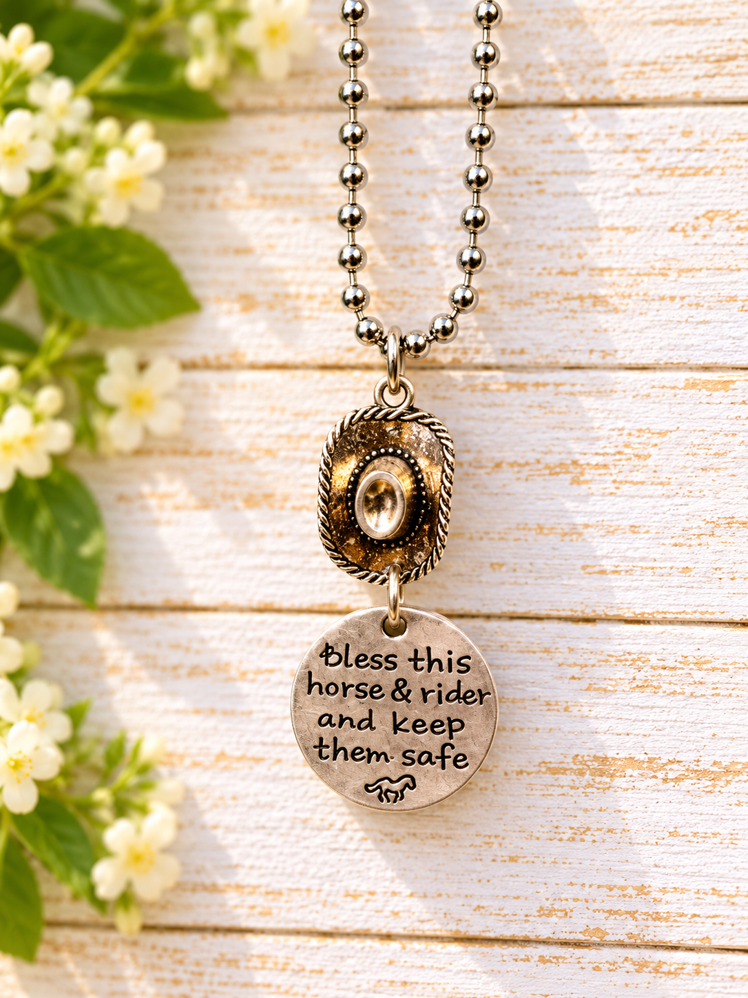 Horse & Rider Rearview Mirror Charm – “Bless This Horse & Rider” Equestrian Gift
