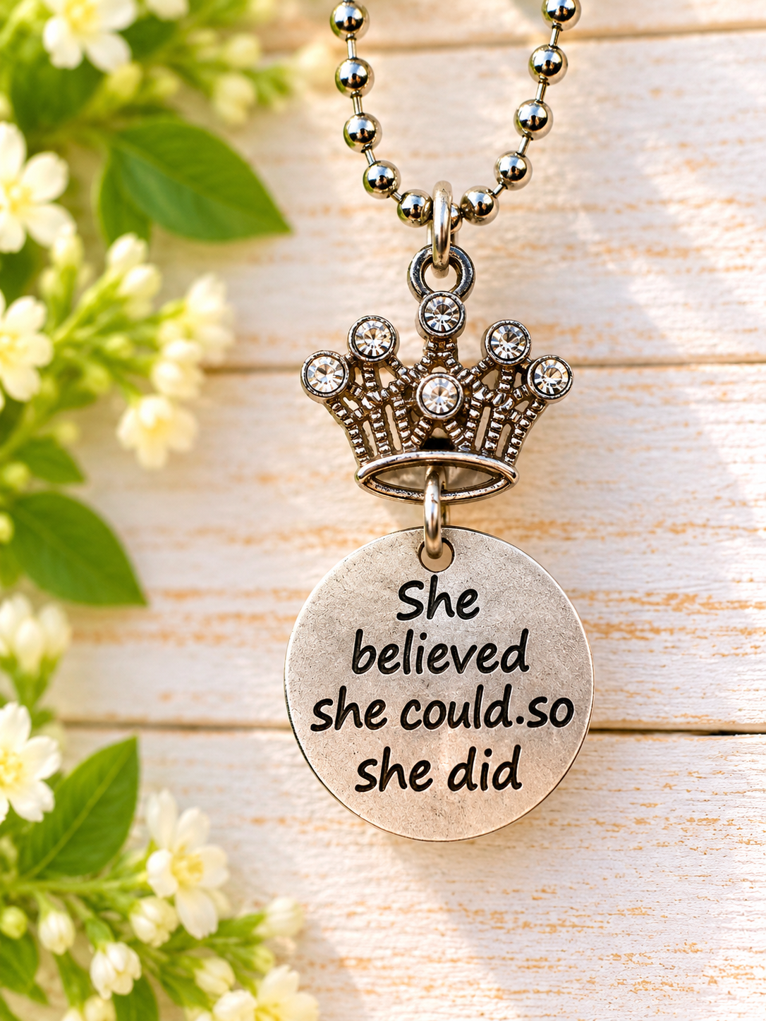 “She Believed She Could So She Did” Rearview Mirror Charm – Inspirational Crown Car Accessory
