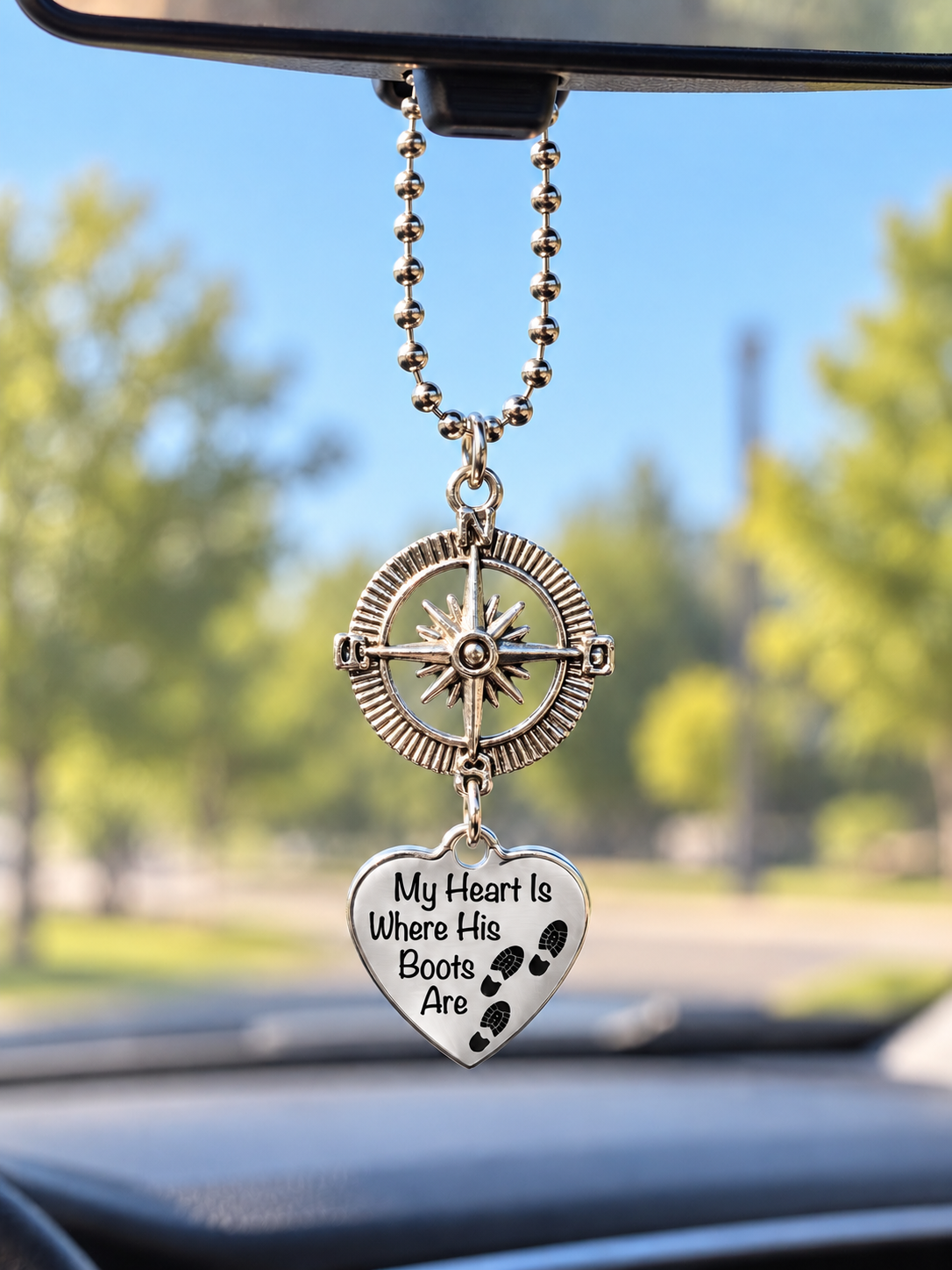 Military Rearview Mirror Charm – Compass & “My Heart Is Where His Boots Are” Heart Pendant
