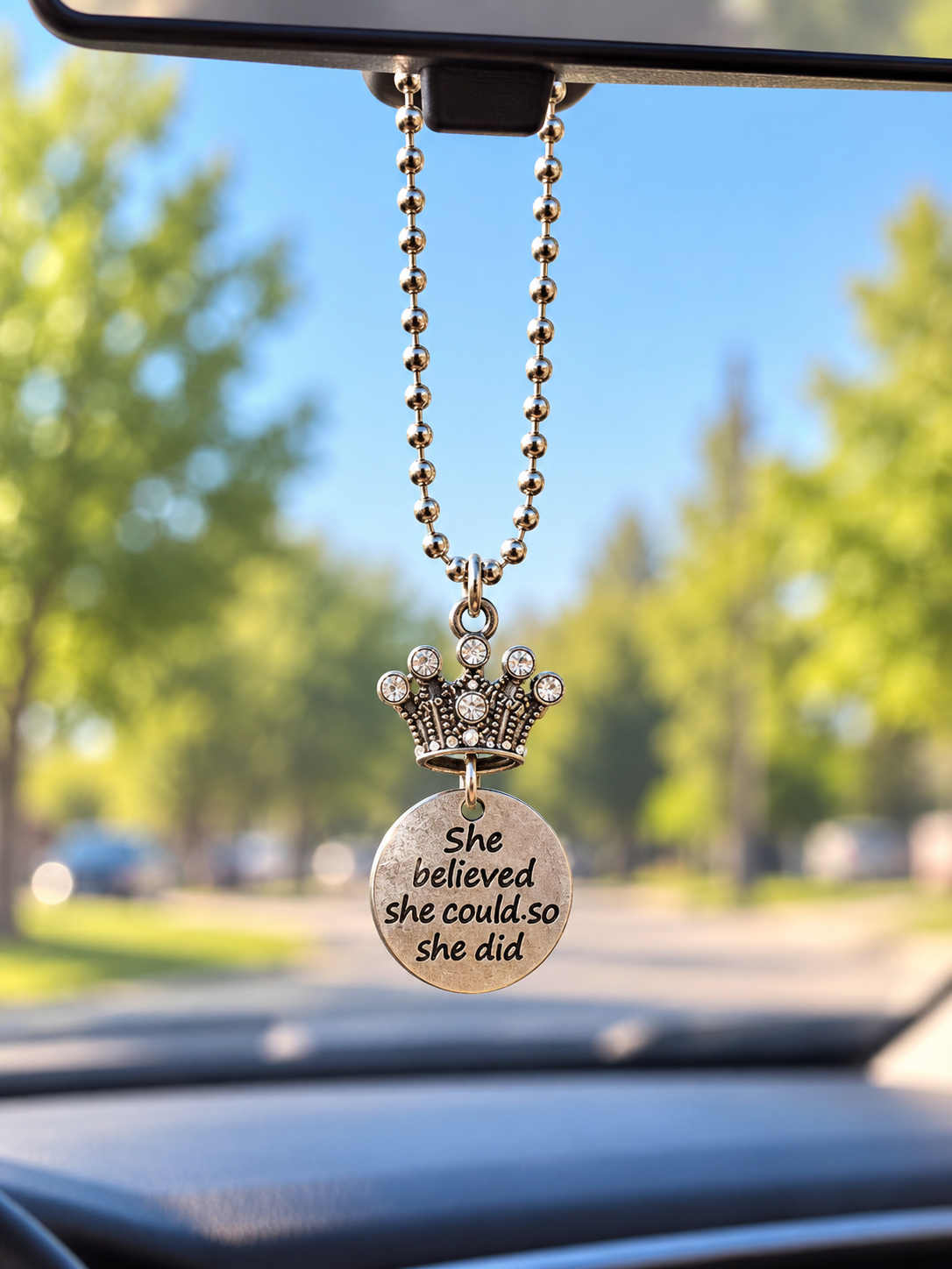 “She Believed She Could So She Did” Rearview Mirror Charm – Inspirational Crown Car Accessory