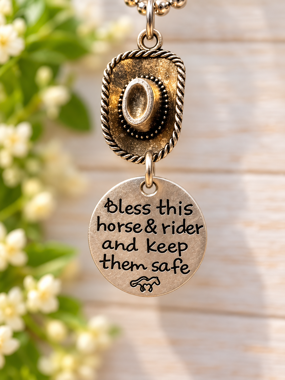 Horse & Rider Rearview Mirror Charm – “Bless This Horse & Rider” Equestrian Gift