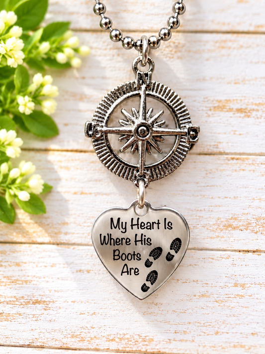 Military Rearview Mirror Charm – Compass & “My Heart Is Where His Boots Are” Heart Pendant