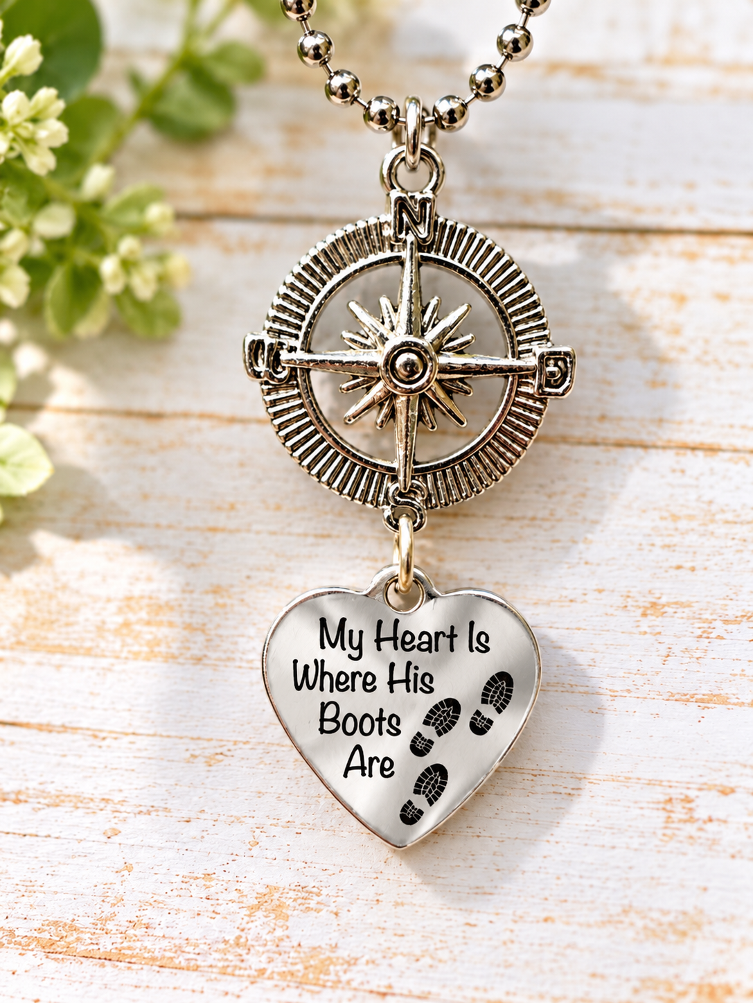 Military Rearview Mirror Charm – Compass & “My Heart Is Where His Boots Are” Heart Pendant