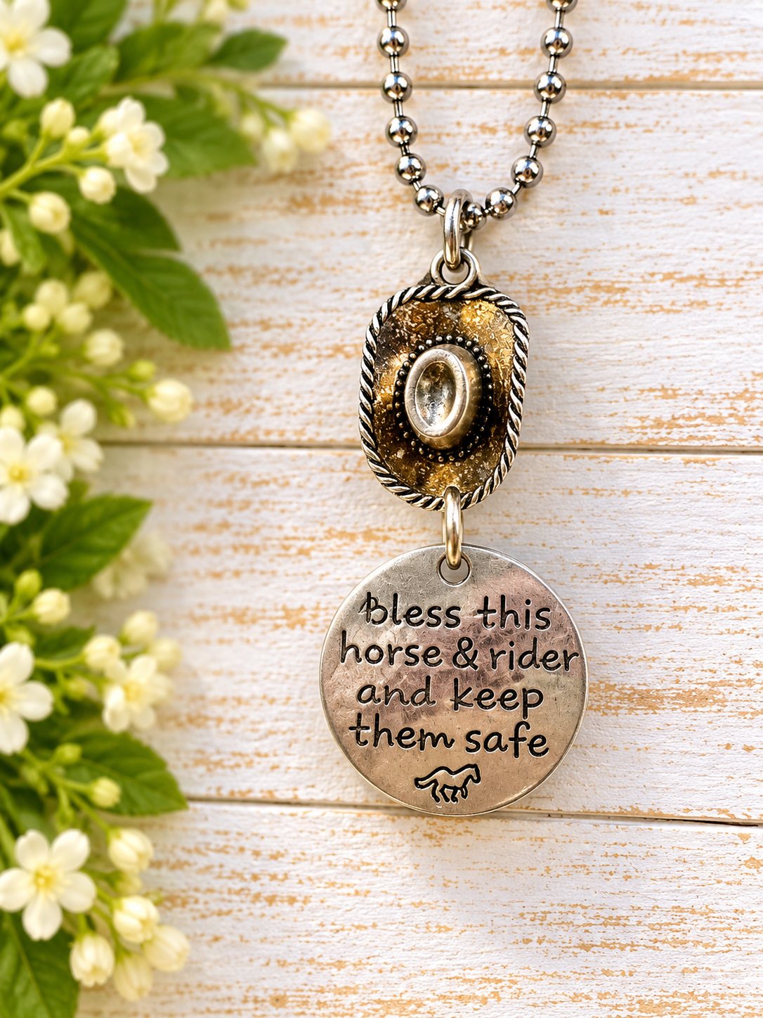 Horse & Rider Rearview Mirror Charm – “Bless This Horse & Rider” Equestrian Gift