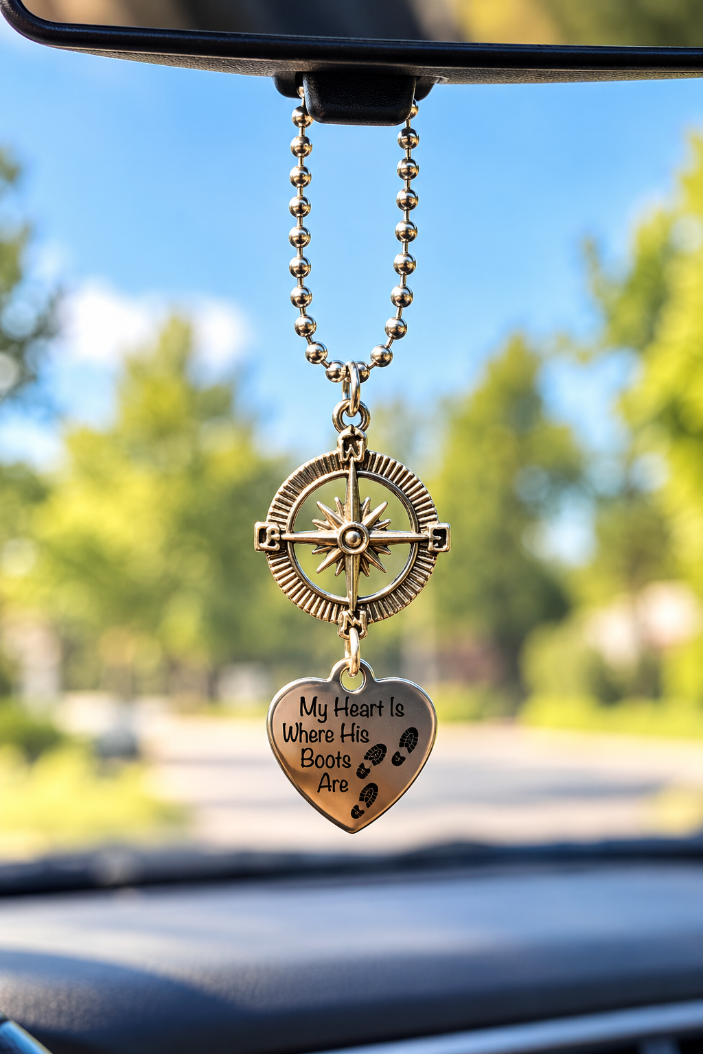 Military Rearview Mirror Charm – Compass & “My Heart Is Where His Boots Are” Heart Pendant