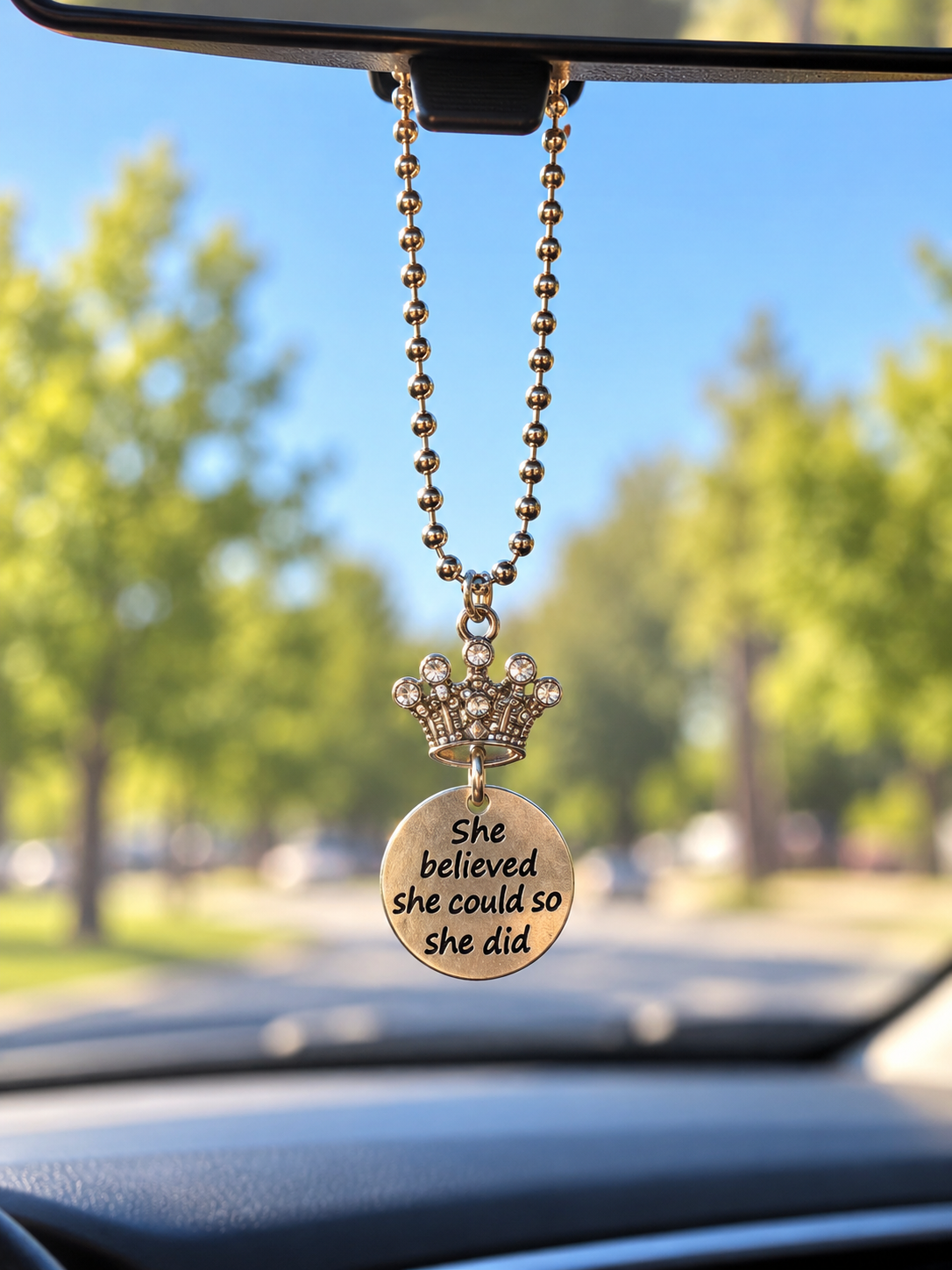 “She Believed She Could So She Did” Rearview Mirror Charm – Inspirational Crown Car Accessory