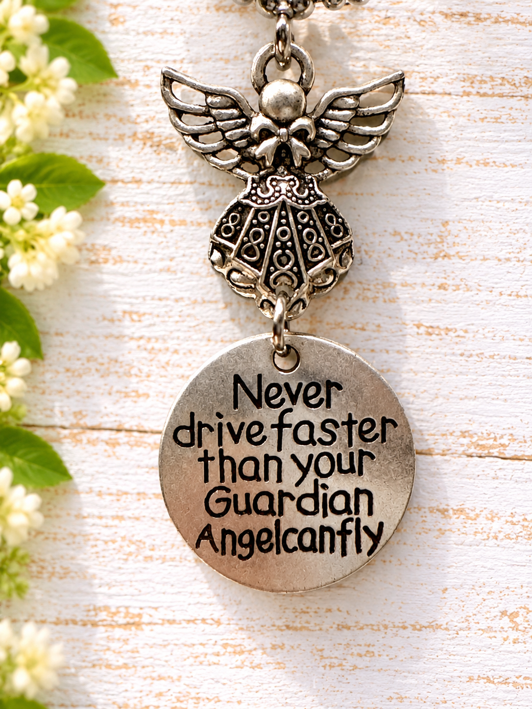 Guardian Angel Rearview Mirror Charm – “Never Drive Faster Than Your Guardian Angel Can Fly”