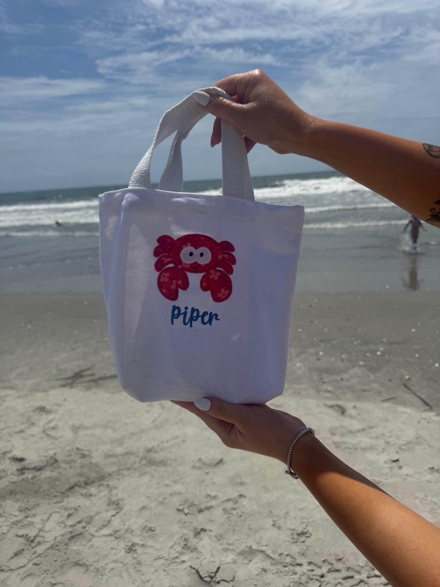 Personalized Embroidered Crab Beach Bag for Kids | Summer Shell Collection Tote