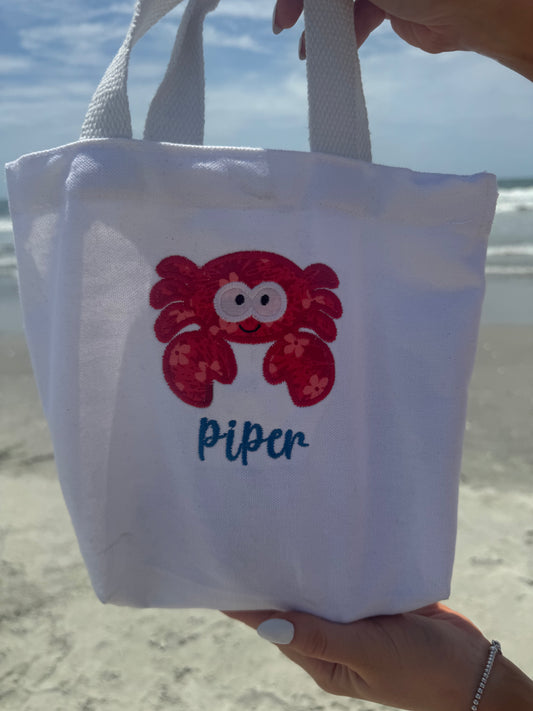 Personalized Embroidered Crab Beach Bag for Kids | Summer Shell Collection Tote