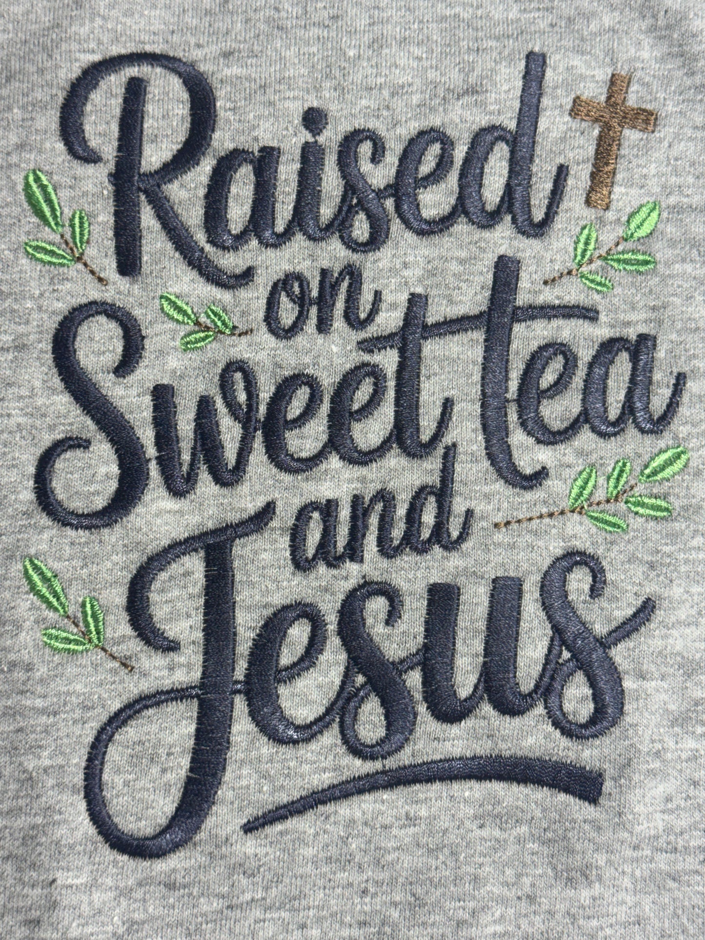 Raised on Sweet Tea and Jesus Embroidered Shirt | Southern Christian Aesthetic Tee | Grey 100% Cotton T-Shirt | Faith Country Shirt | S–2XL