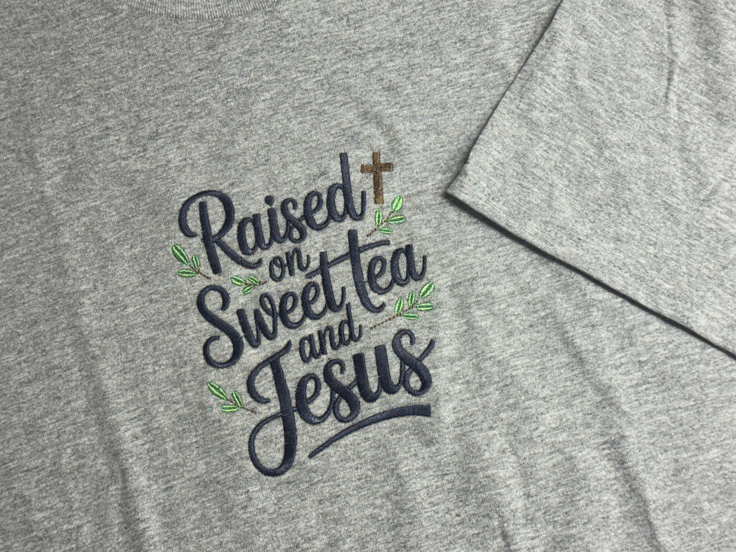 Raised on Sweet Tea and Jesus Embroidered Shirt | Southern Christian Aesthetic Tee | Grey 100% Cotton T-Shirt | Faith Country Shirt | S–2XL