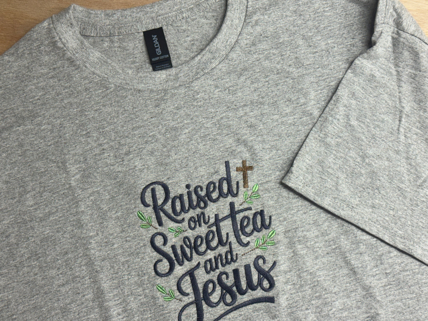 Raised on Sweet Tea and Jesus Embroidered Shirt | Southern Christian Aesthetic Tee | Grey 100% Cotton T-Shirt | Faith Country Shirt | S–2XL