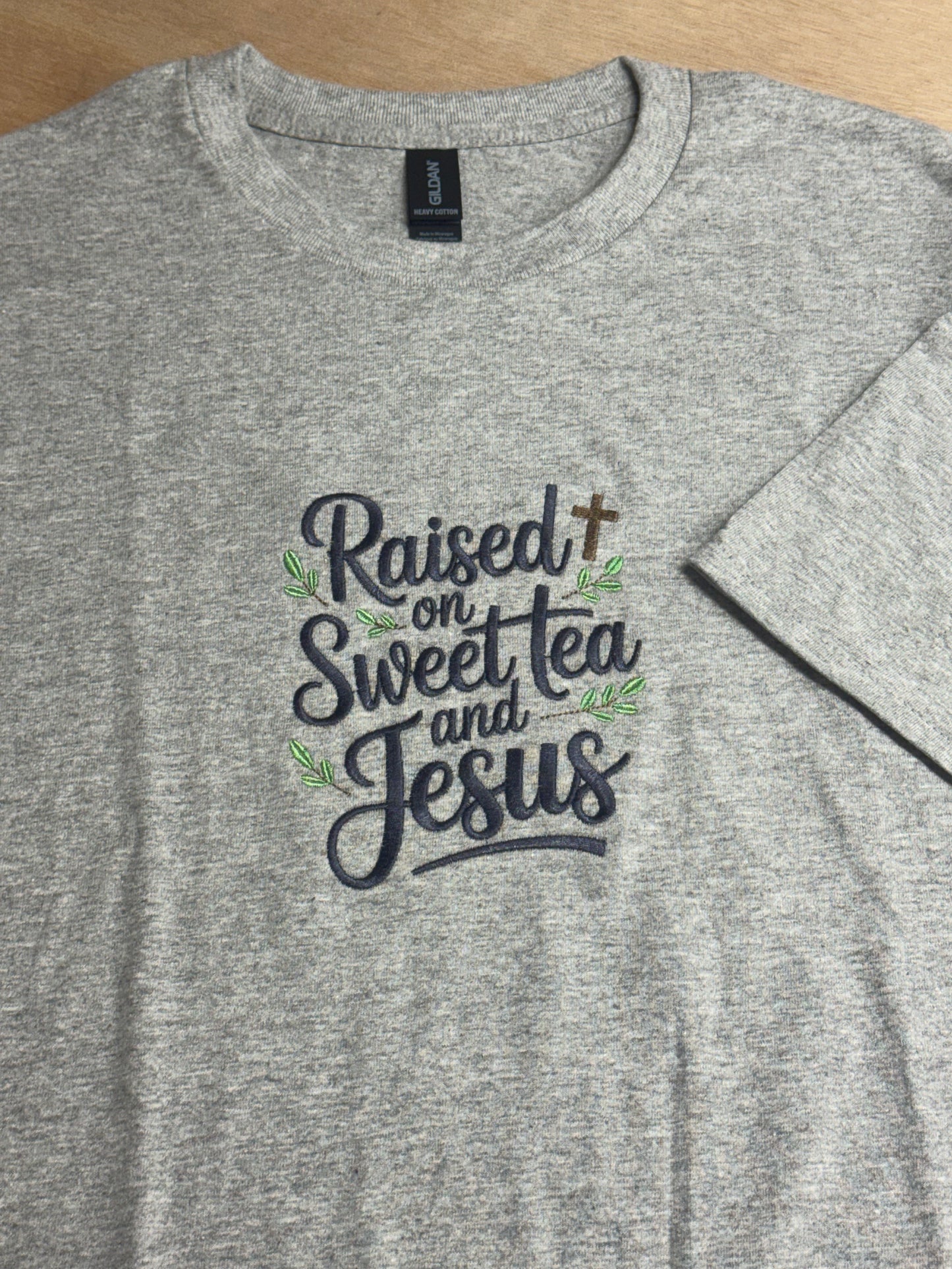 Raised on Sweet Tea and Jesus Embroidered Shirt | Southern Christian Aesthetic Tee | Grey 100% Cotton T-Shirt | Faith Country Shirt | S–2XL