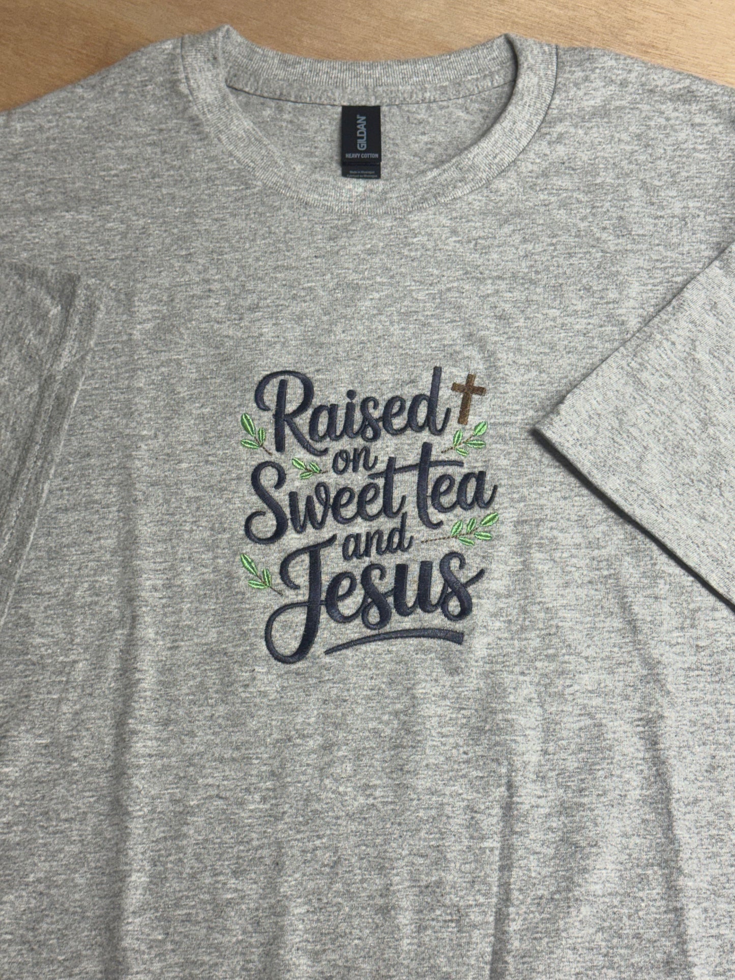 Raised on Sweet Tea and Jesus Embroidered Shirt | Southern Christian Aesthetic Tee | Grey 100% Cotton T-Shirt | Faith Country Shirt | S–2XL
