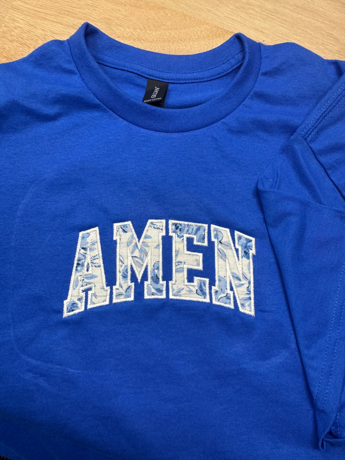 “AMEN” Embroidered Appliqué Shirt | Blue Floral Fabric Design | Royal Blue 100% Cotton Christian Tee | Faith Aesthetic Top | S–2XL