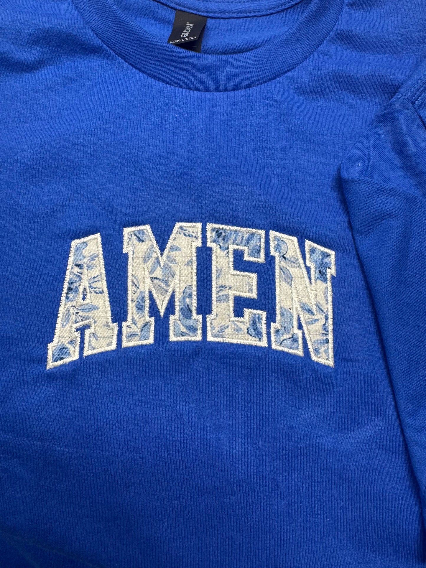 “AMEN” Embroidered Appliqué Shirt | Blue Floral Fabric Design | Royal Blue 100% Cotton Christian Tee | Faith Aesthetic Top | S–2XL