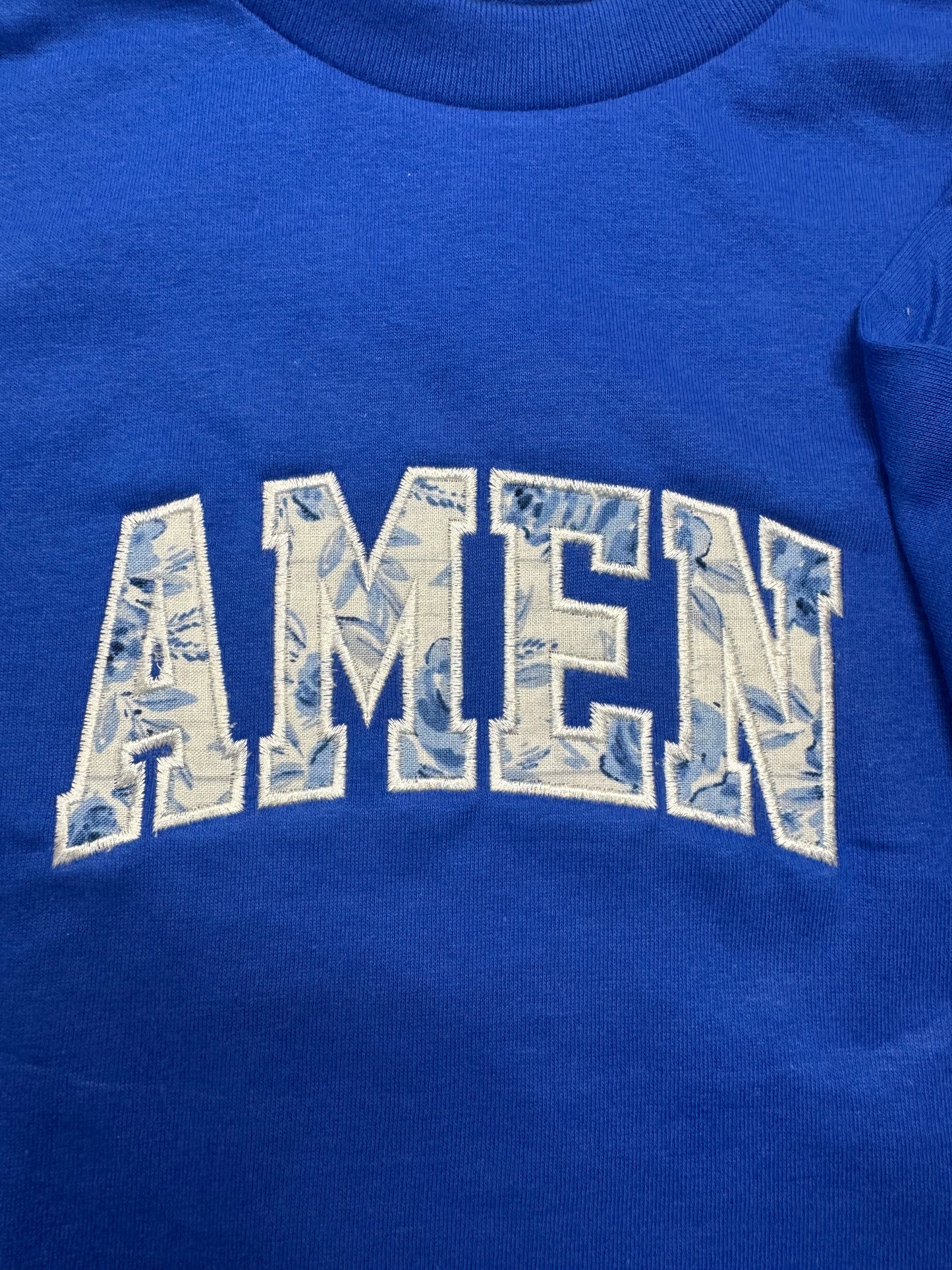 “AMEN” Embroidered Appliqué Shirt | Blue Floral Fabric Design | Royal Blue 100% Cotton Christian Tee | Faith Aesthetic Top | S–2XL