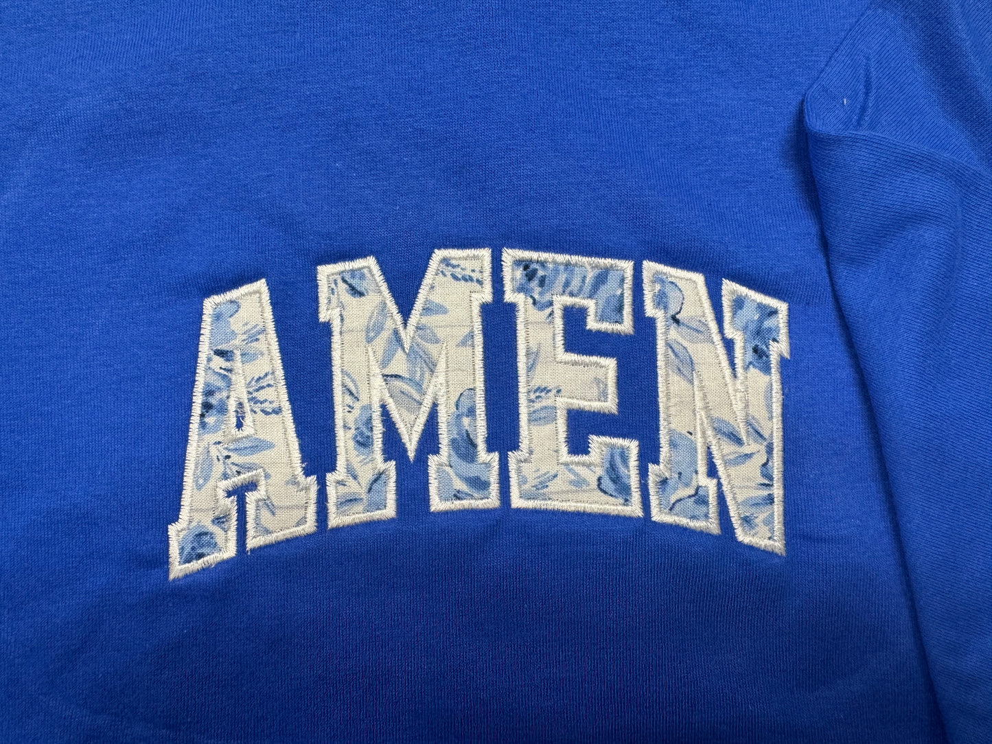 “AMEN” Embroidered Appliqué Shirt | Blue Floral Fabric Design | Royal Blue 100% Cotton Christian Tee | Faith Aesthetic Top | S–2XL
