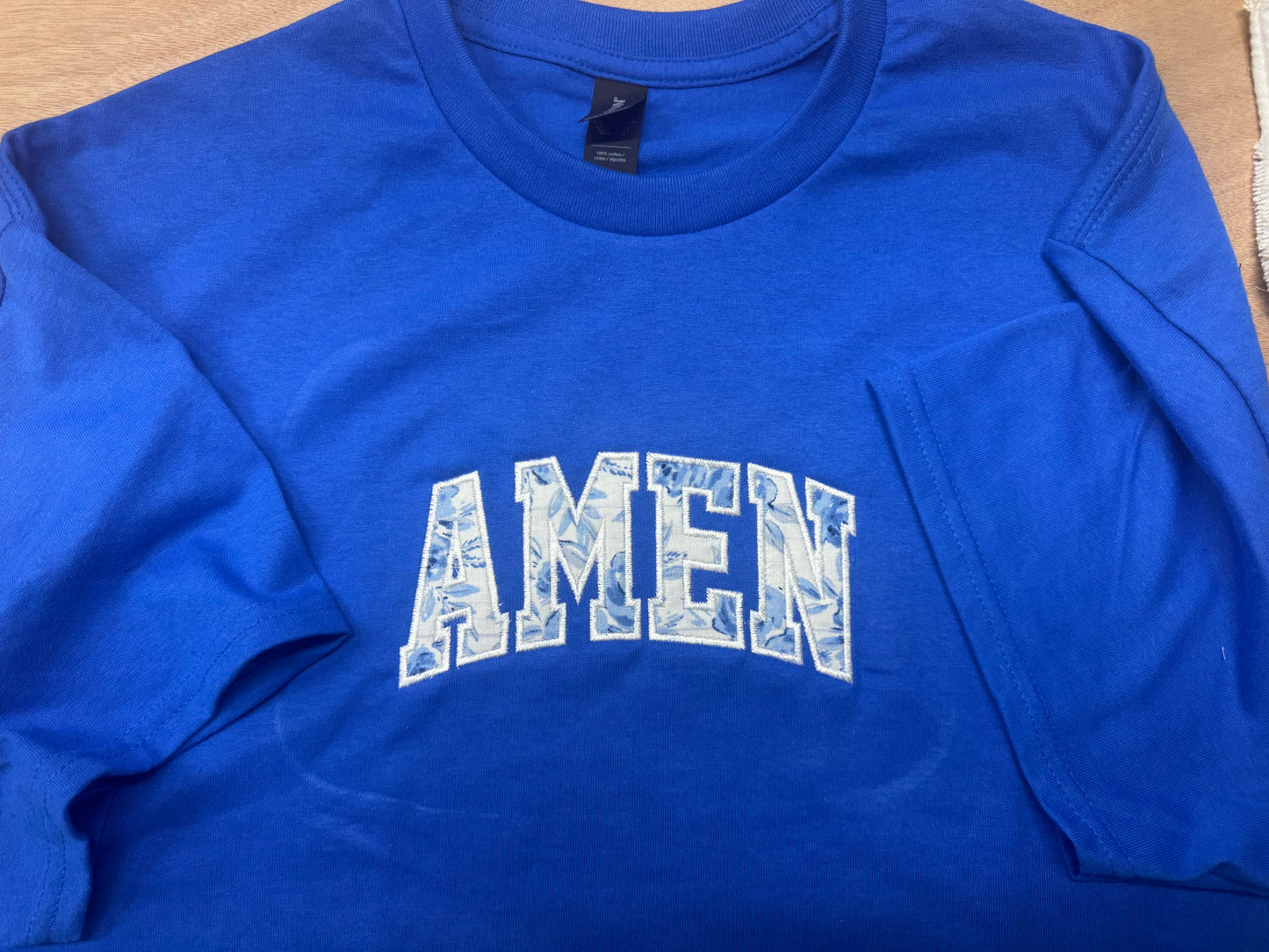 “AMEN” Embroidered Appliqué Shirt | Blue Floral Fabric Design | Royal Blue 100% Cotton Christian Tee | Faith Aesthetic Top | S–2XL