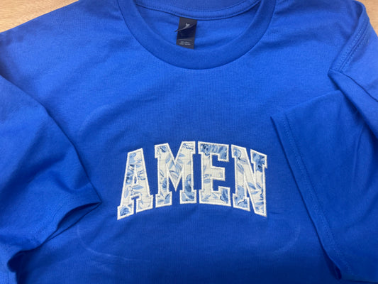 “AMEN” Embroidered Appliqué Shirt | Blue Floral Fabric Design | Royal Blue 100% Cotton Christian Tee | Faith Aesthetic Top | S–2XL