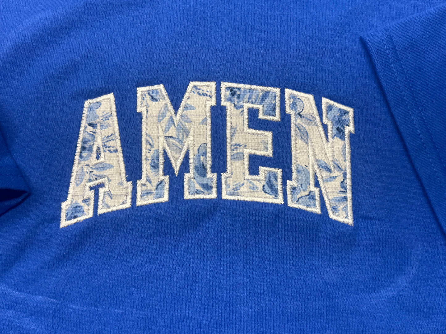 “AMEN” Embroidered Appliqué Shirt | Blue Floral Fabric Design | Royal Blue 100% Cotton Christian Tee | Faith Aesthetic Top | S–2XL