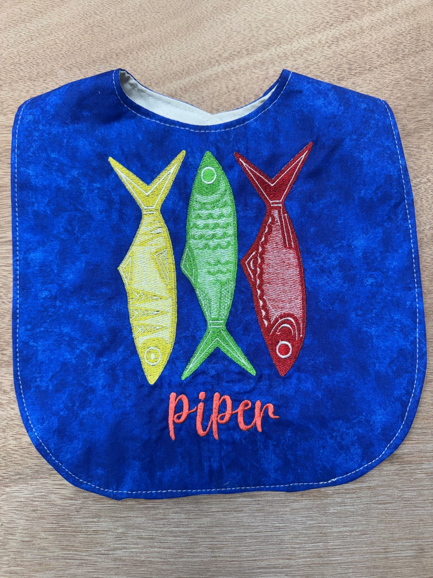 Personalized Embroidered Baby Bib | Sardine Design Bib | Bright Blue 100% Cotton Baby Bib | Custom Name Bib | Velcro Closure | Baby Gift