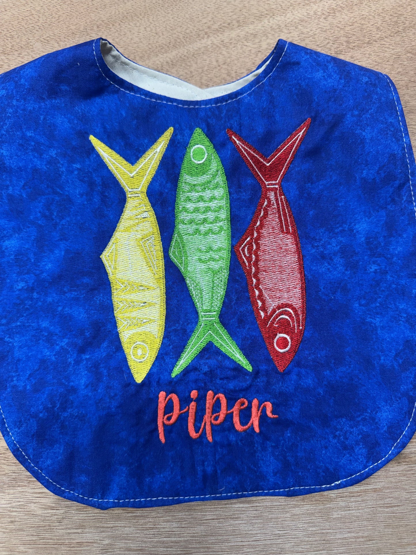 Personalized Embroidered Baby Bib | Sardine Design Bib | Bright Blue 100% Cotton Baby Bib | Custom Name Bib | Velcro Closure | Baby Gift