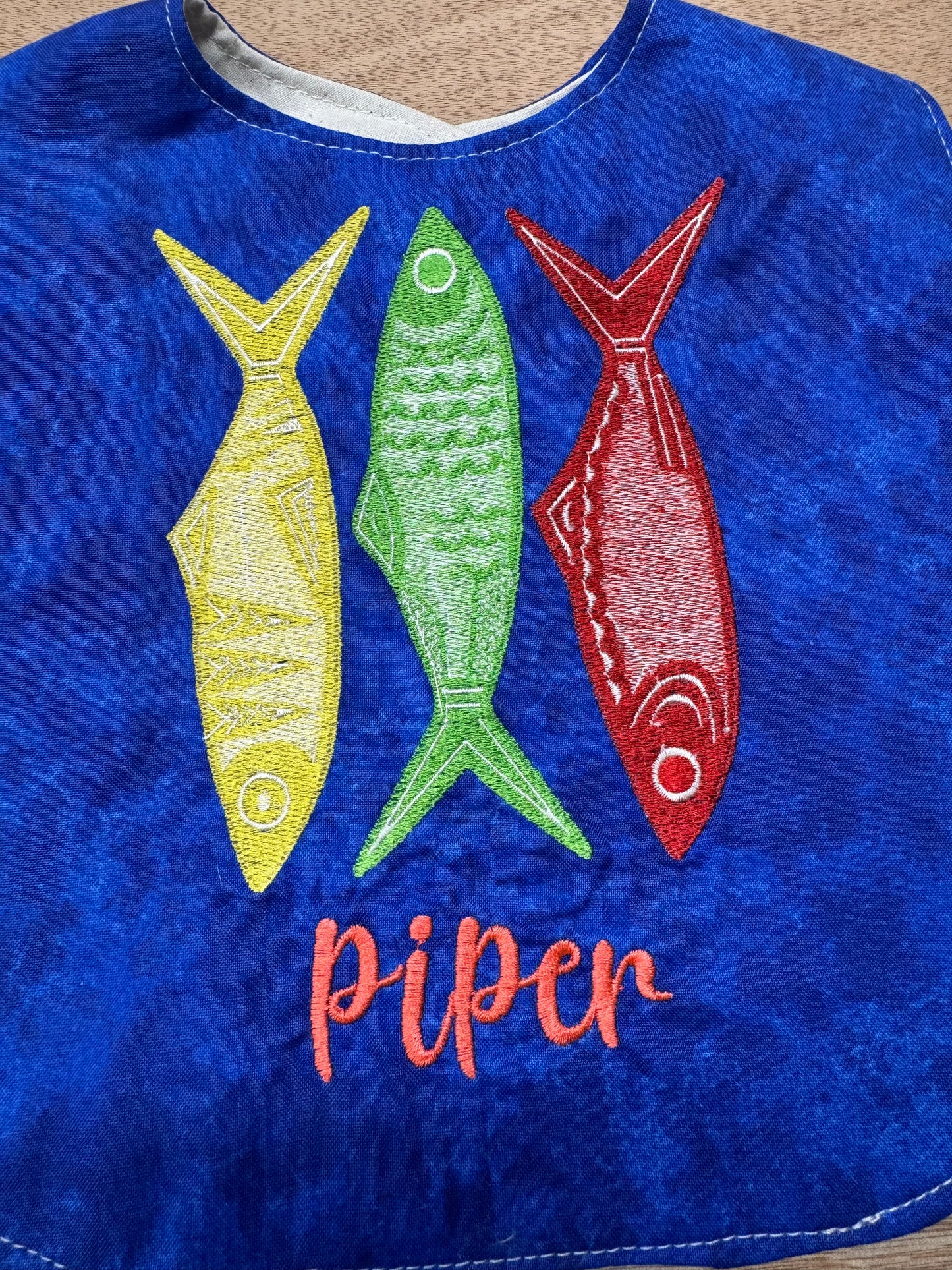 Personalized Embroidered Baby Bib | Sardine Design Bib | Bright Blue 100% Cotton Baby Bib | Custom Name Bib | Velcro Closure | Baby Gift