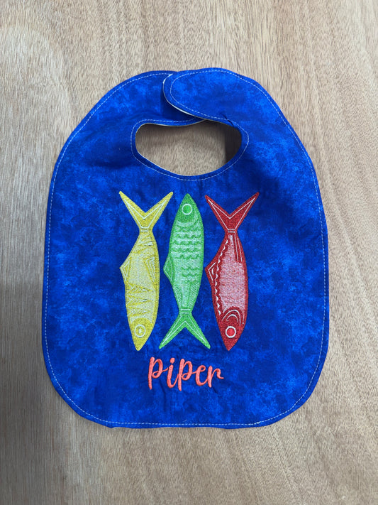 Personalized Embroidered Baby Bib | Sardine Design Bib | Bright Blue 100% Cotton Baby Bib | Custom Name Bib | Velcro Closure | Baby Gift