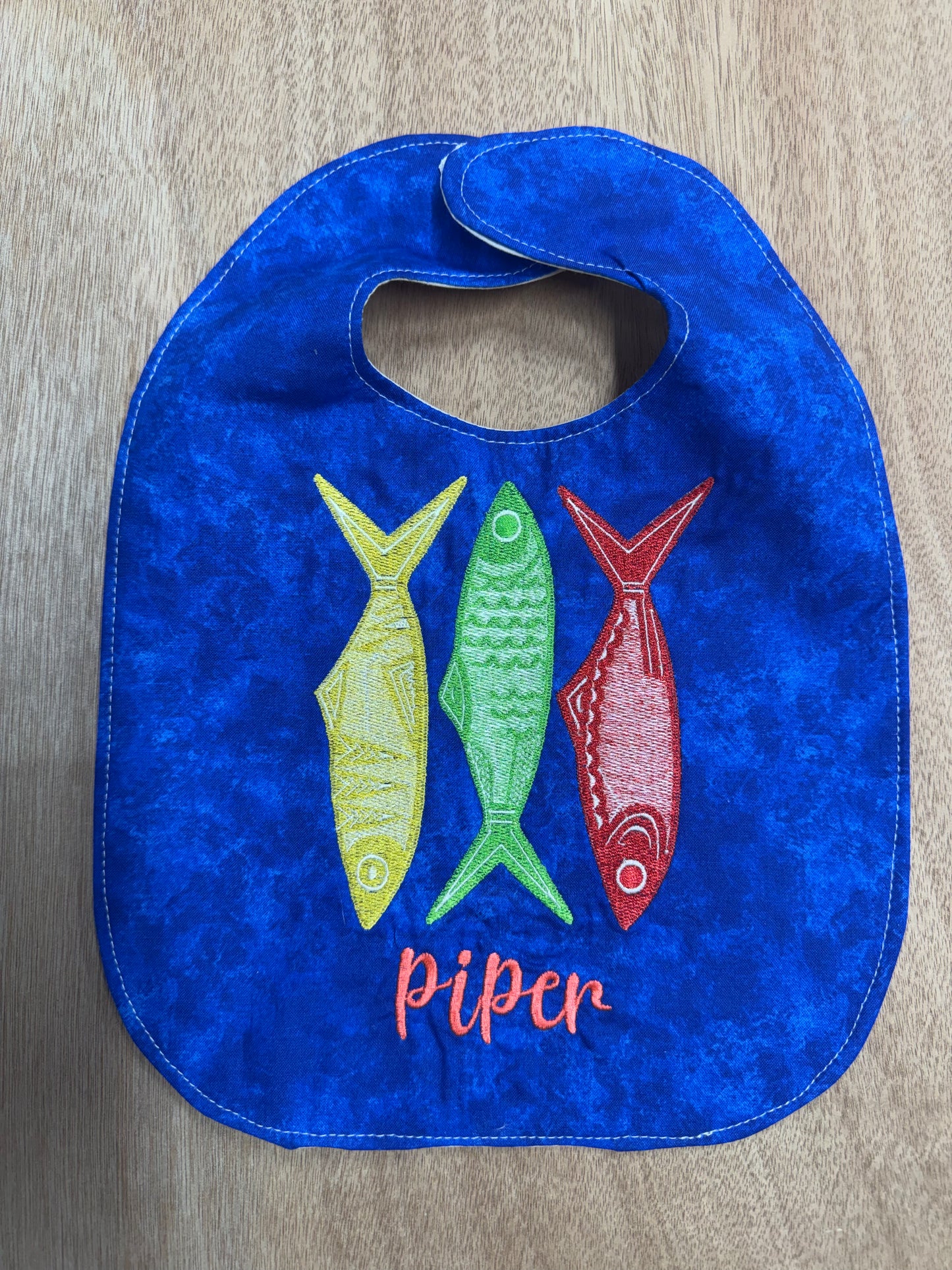 Personalized Embroidered Baby Bib | Sardine Design Bib | Bright Blue 100% Cotton Baby Bib | Custom Name Bib | Velcro Closure | Baby Gift