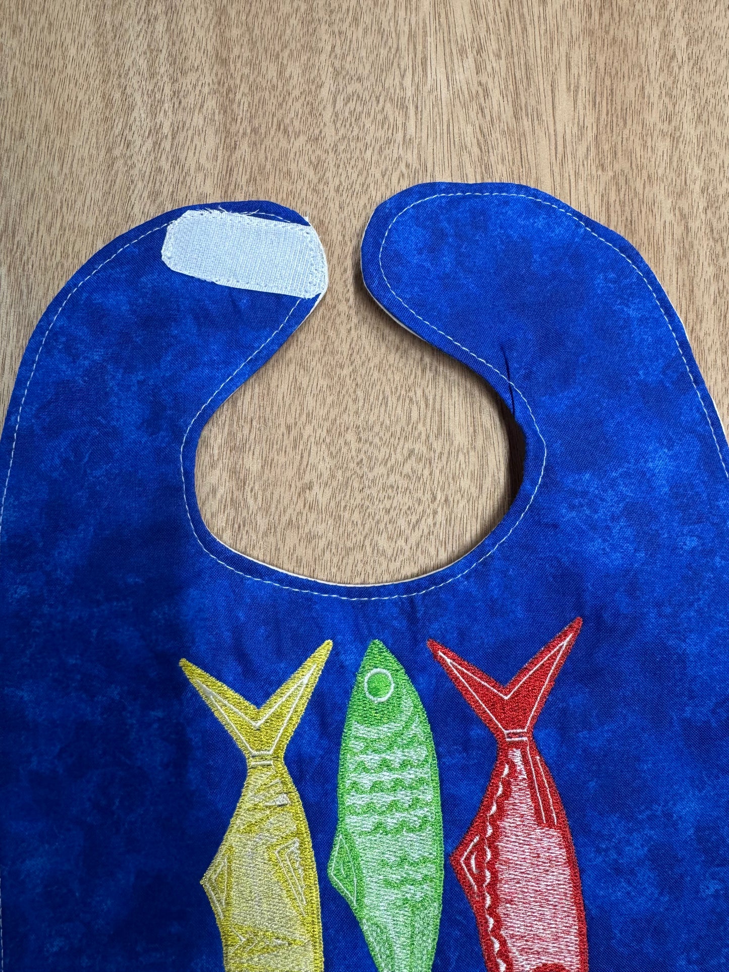 Personalized Embroidered Baby Bib | Sardine Design Bib | Bright Blue 100% Cotton Baby Bib | Custom Name Bib | Velcro Closure | Baby Gift