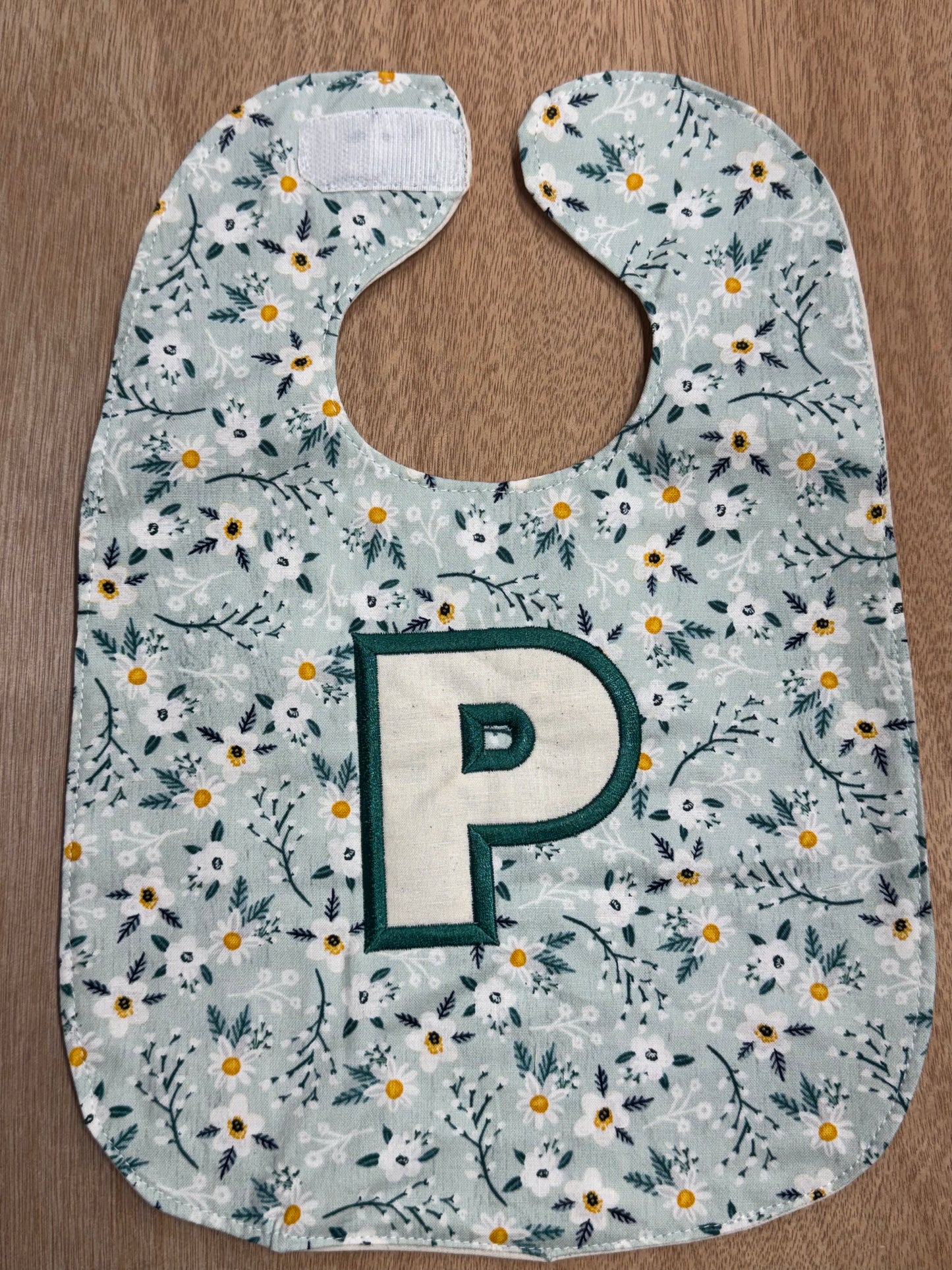 Personalized Appliqué Monogram Bib | Floral Fabric Baby Bib | Custom Name Baby Gift | 100% Cotton 9x13 Bib | Velcro Closure | Baby Shower Gift