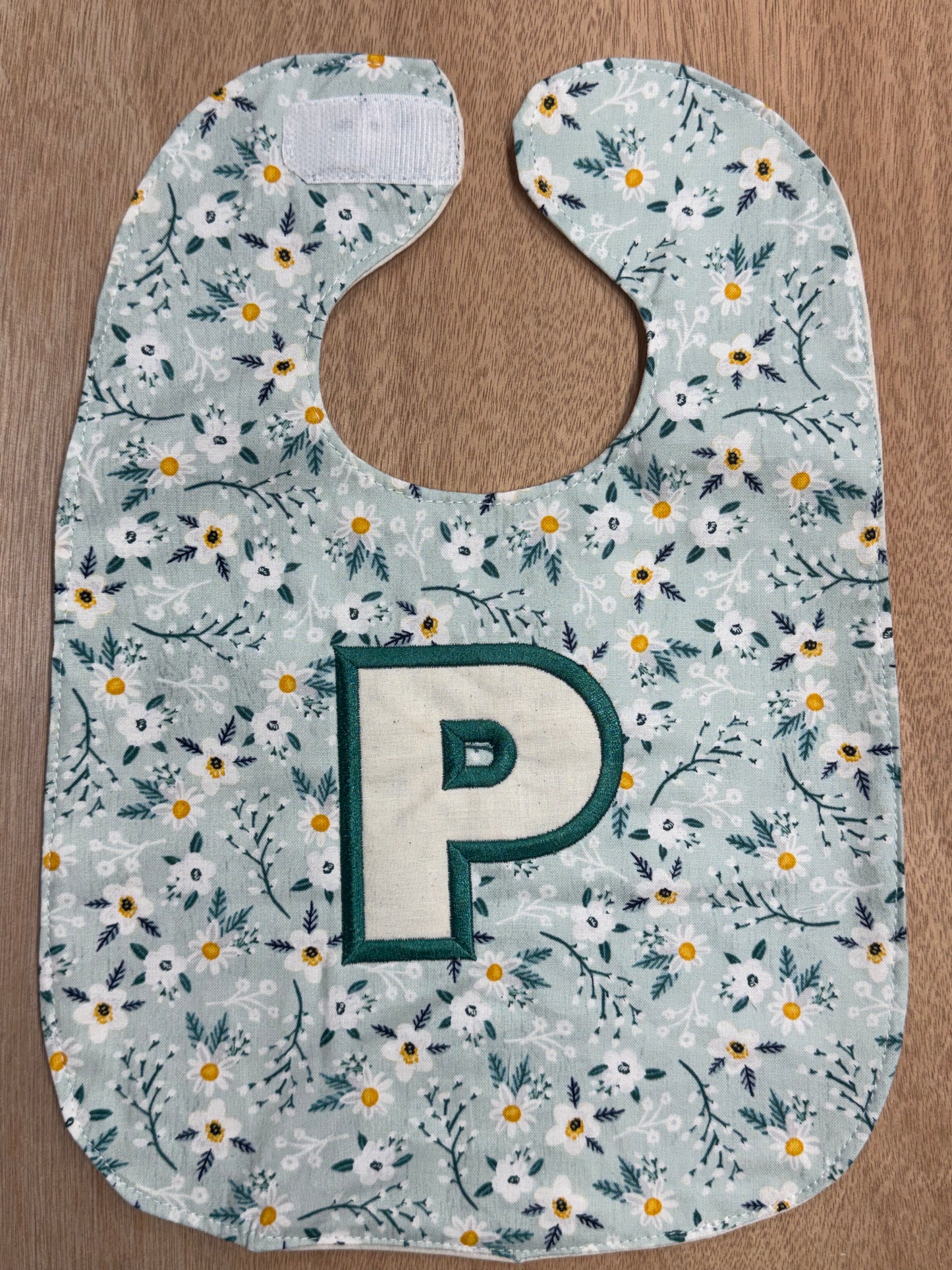 Personalized Appliqué Monogram Bib | Floral Fabric Baby Bib | Custom Name Baby Gift | 100% Cotton 9x13 Bib | Velcro Closure | Baby Shower Gift